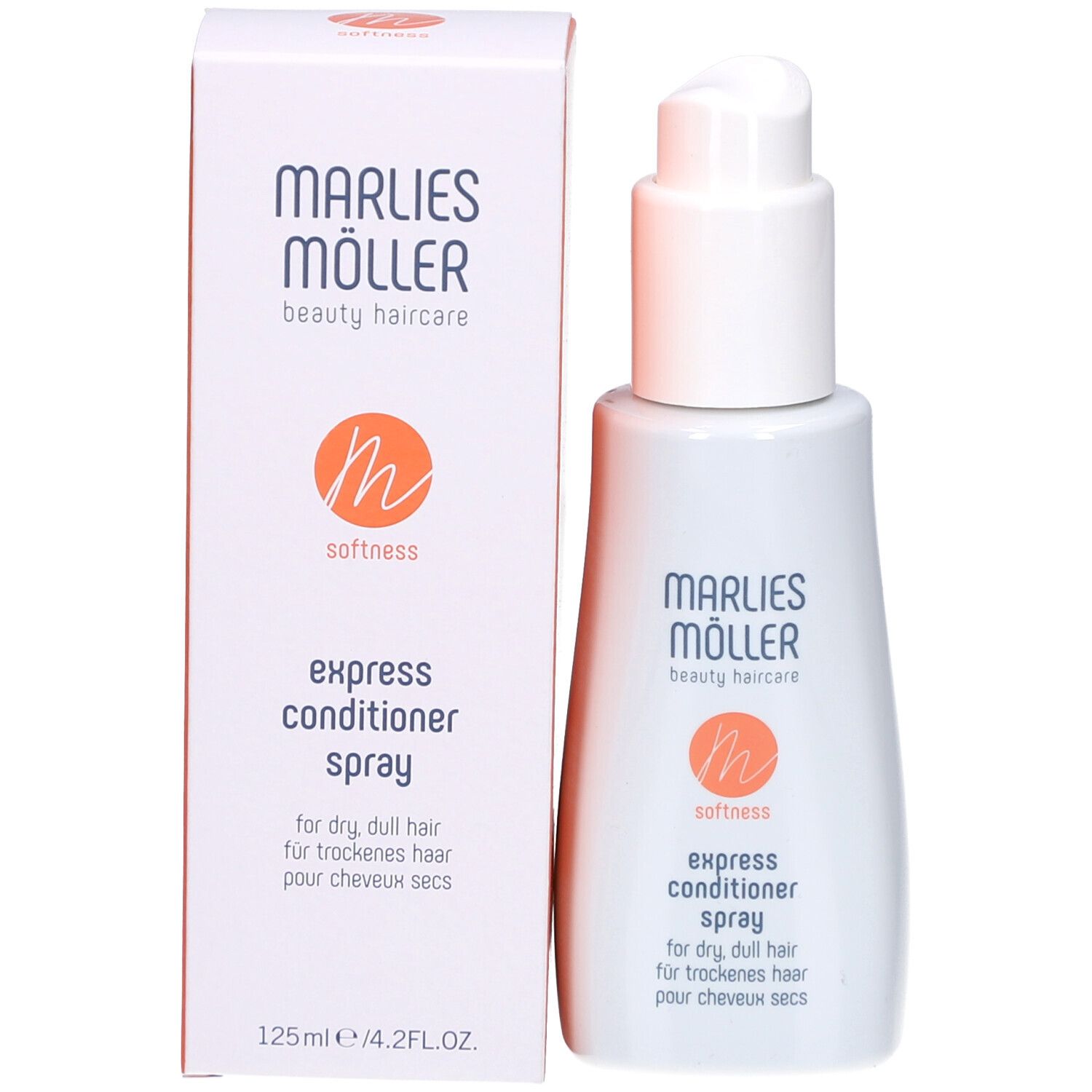 Produit avec emballage. Inscription: Marlies Möller, Express Conditioner Spray, 125ml/4.2FL.OZ.
