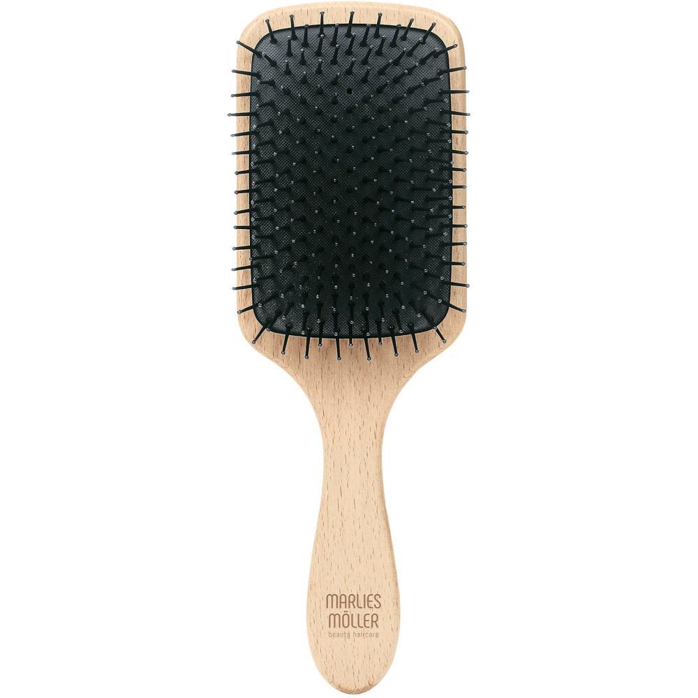 Brosse à cheveux avec manche en bois et coussin noir. Marque Marlies Möller. Tête de brosse carrée.