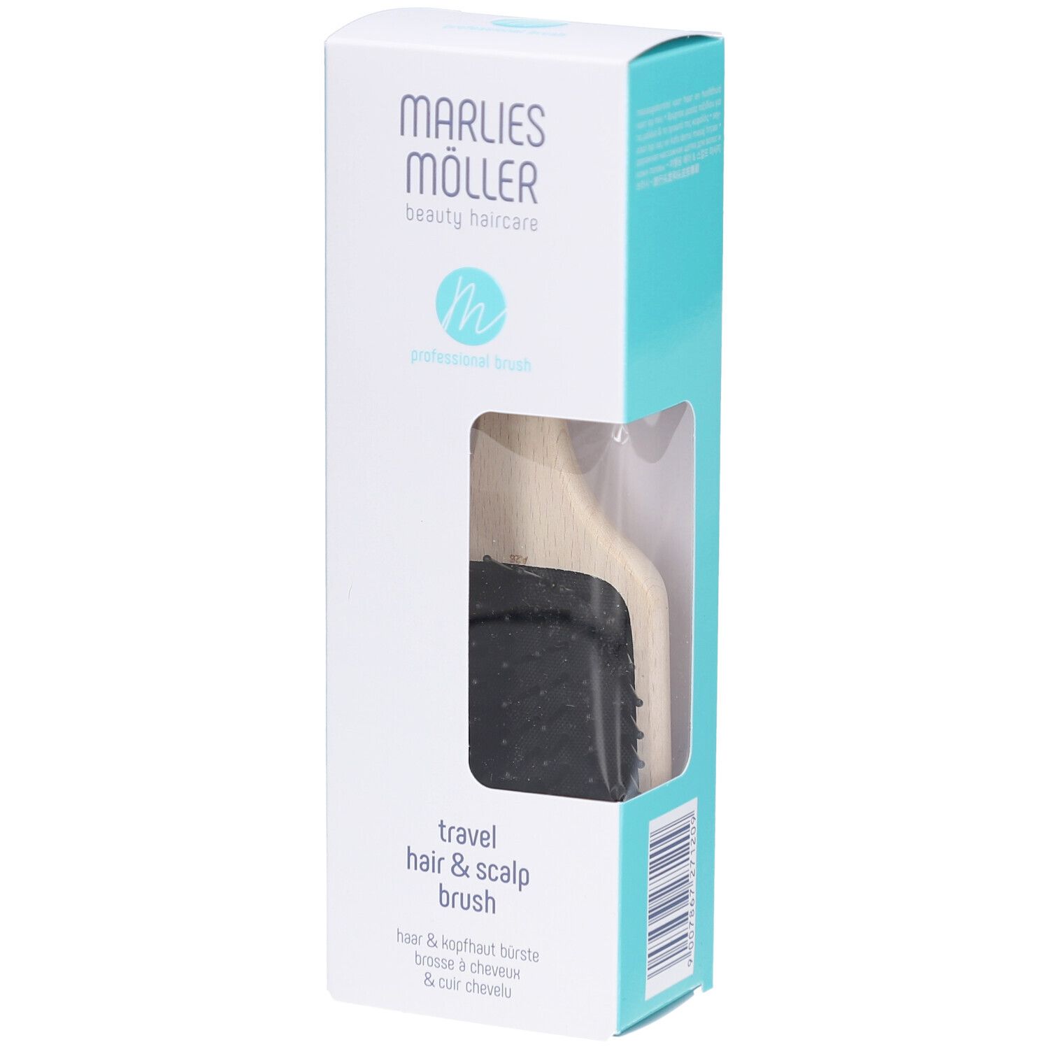 Emballage du produit. Marlies Möller Travel Hair & Scalp Brush. Brosse visible à travers la fenêtre.