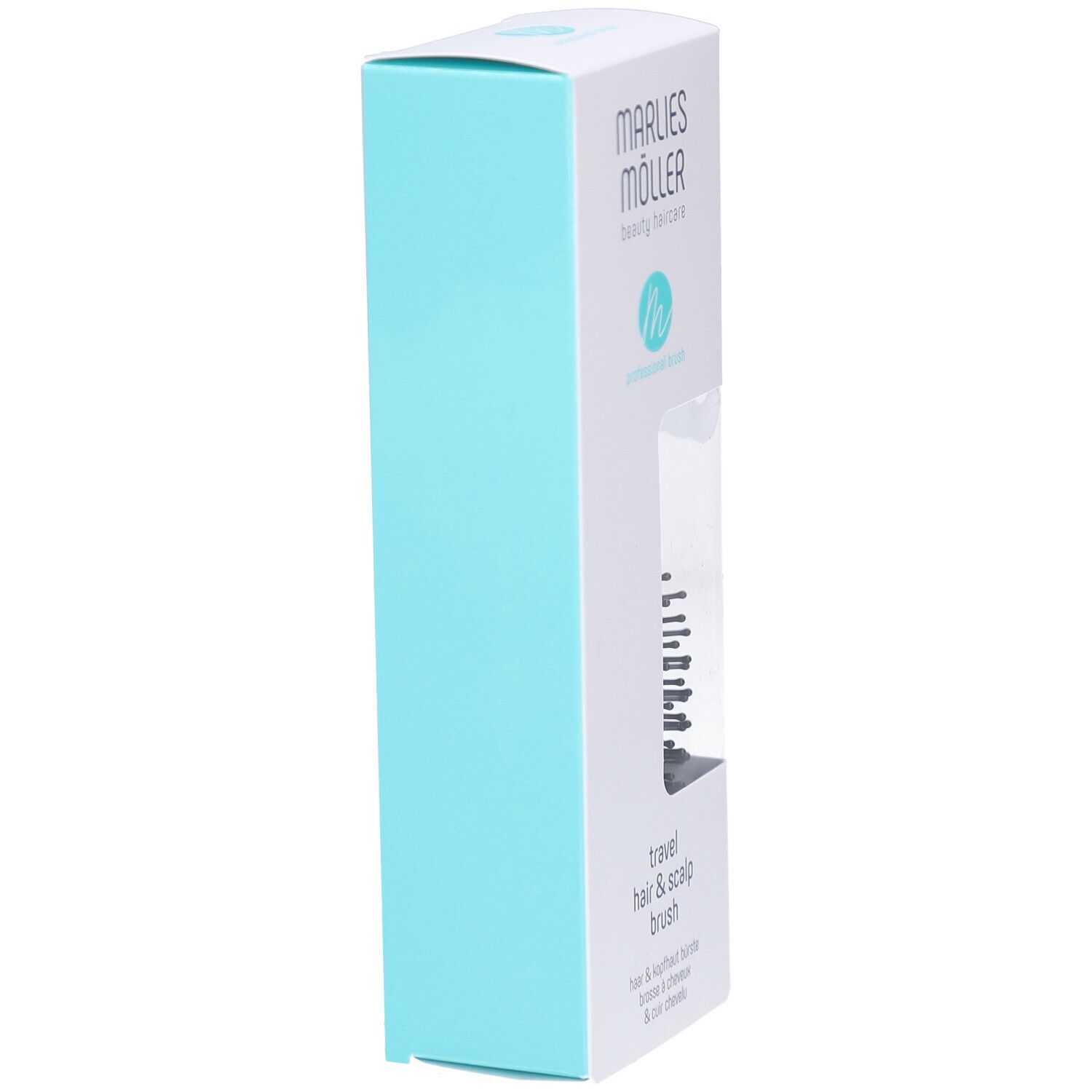 Emballage du produit. Marlies Möller Travel Hair & Scalp Brush. Boîte turquoise et blanche. Vue latérale.
