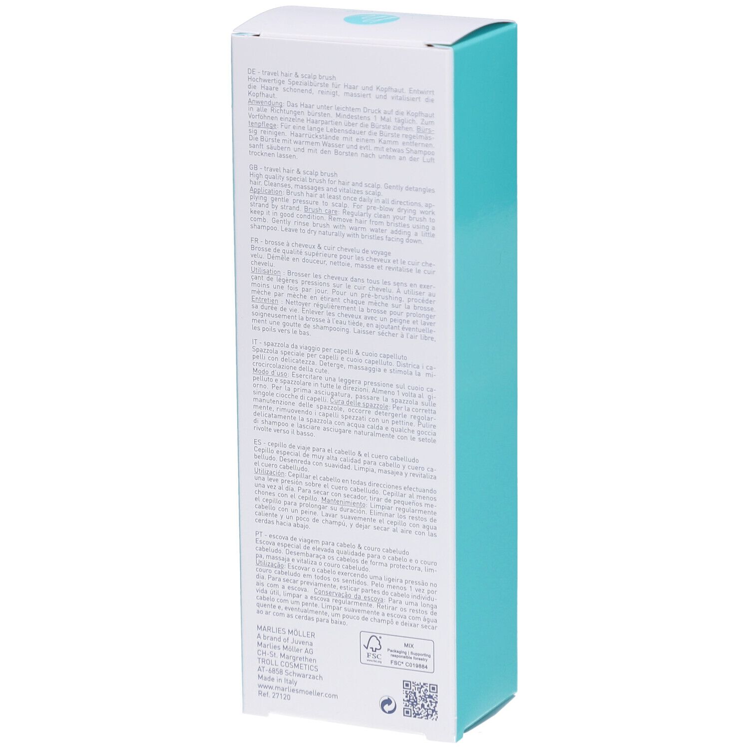 Emballage du produit. Marlies Möller Travel Hair & Scalp Brush. Texte sur la boîte. Vue arrière.