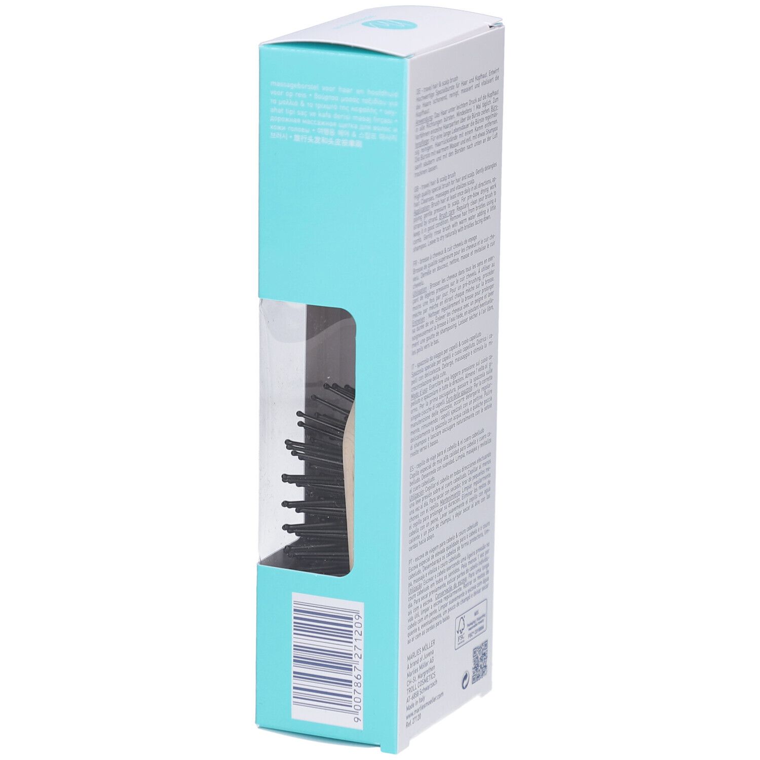 Emballage du produit. Marlies Möller Travel Hair & Scalp Brush. Vue latérale avec code-barres.