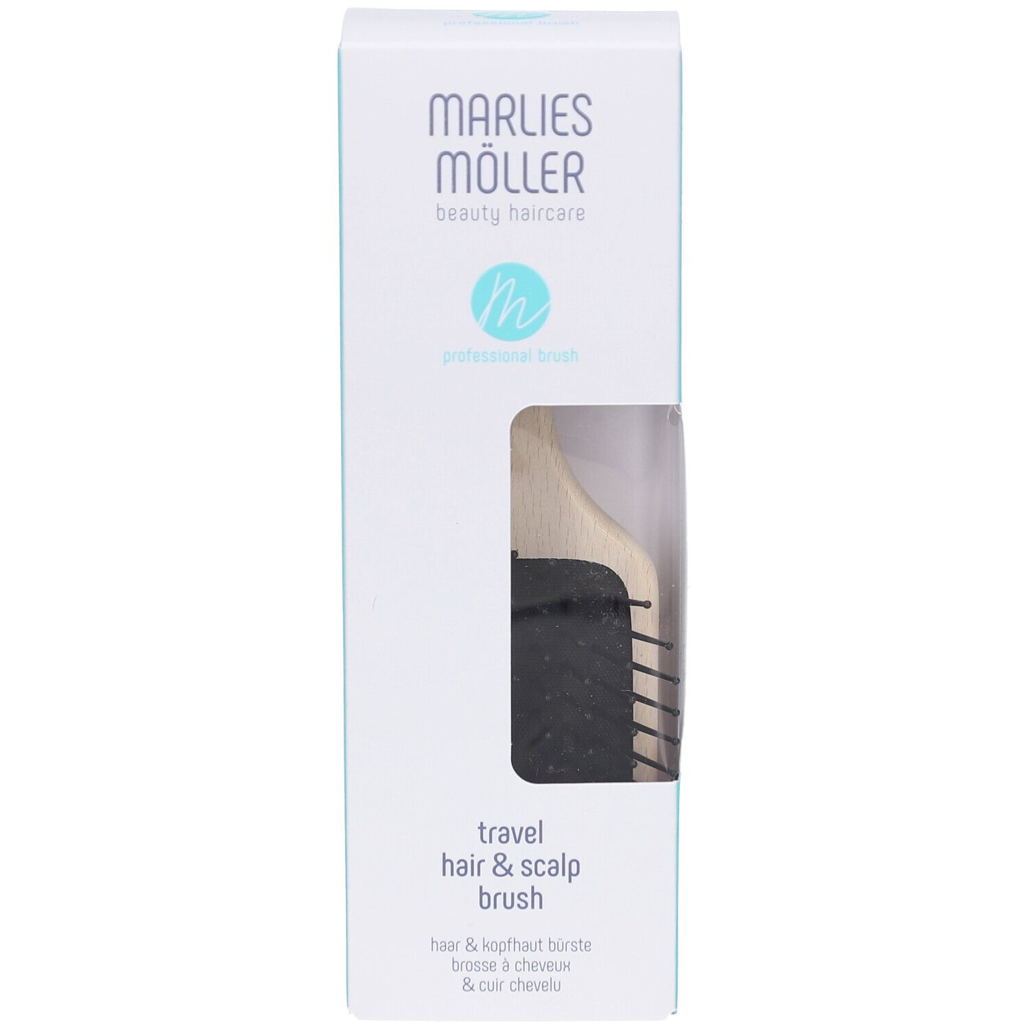 Emballage du produit. Marlies Möller Travel Hair & Scalp Brush. Brosse visible à travers la fenêtre.