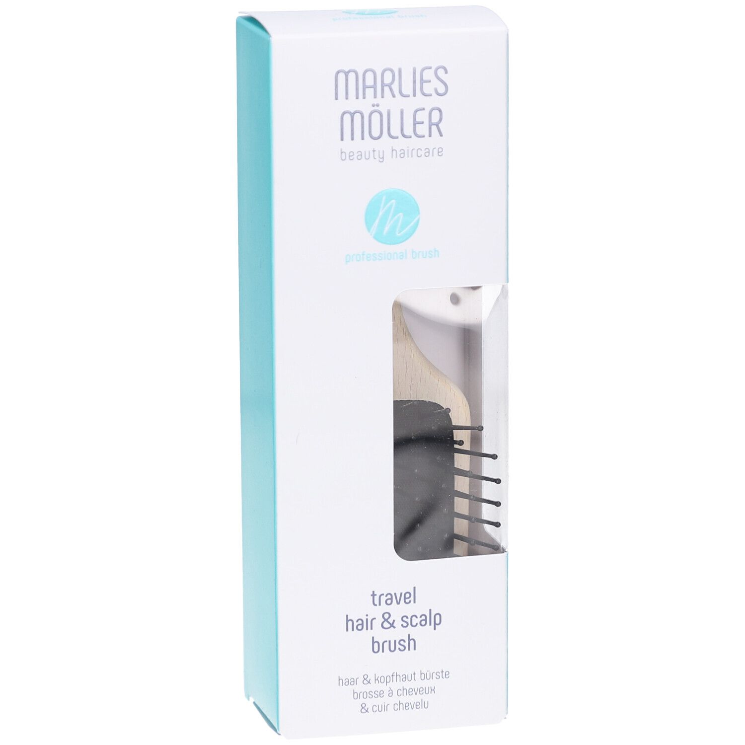 Emballage du produit. Marlies Möller Travel Hair & Scalp Brush. Brosse visible à travers la fenêtre.