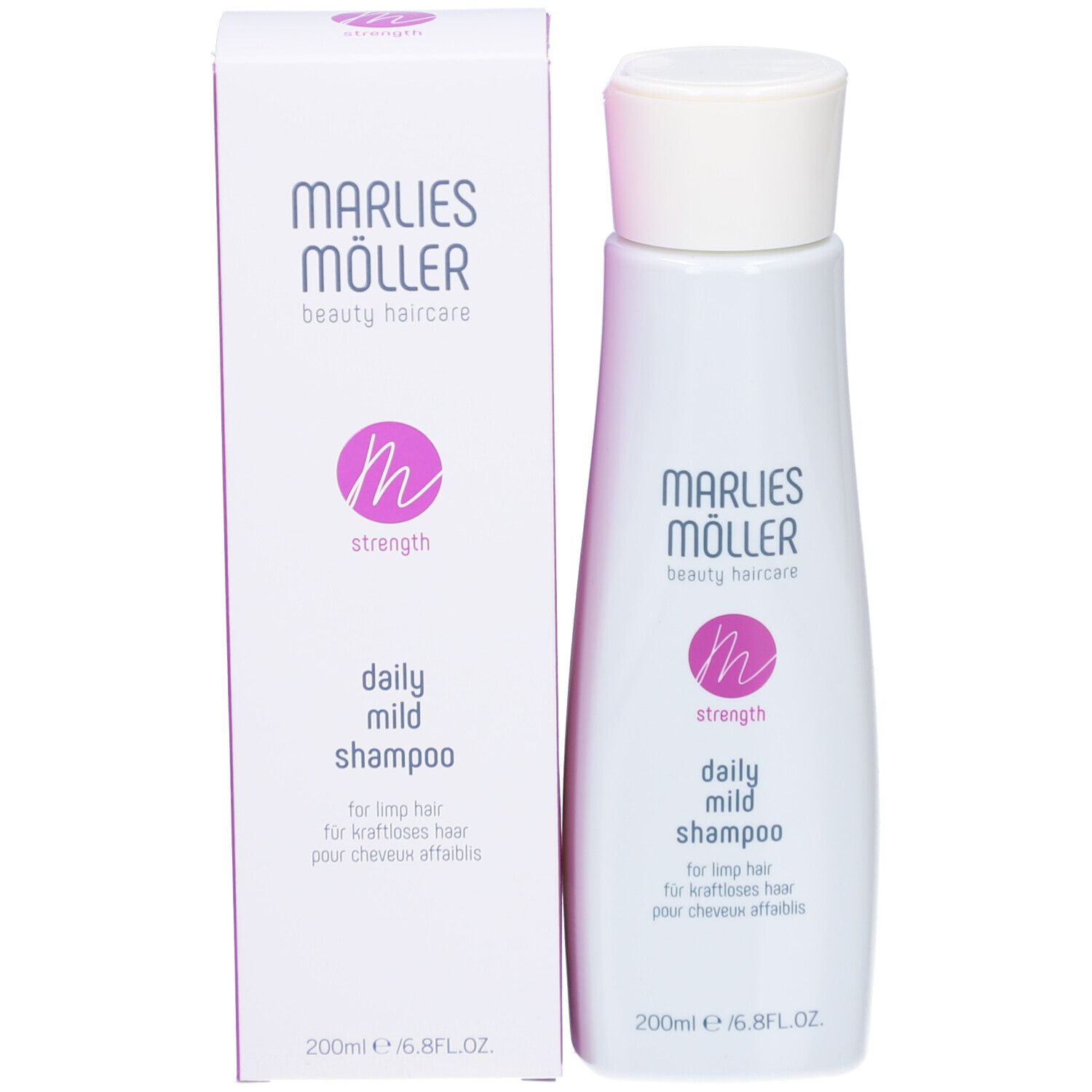 Shampoo-Flasche und Verpackung. Aufschrift: Marlies Möller, Daily Mild Shampoo. 200ml.