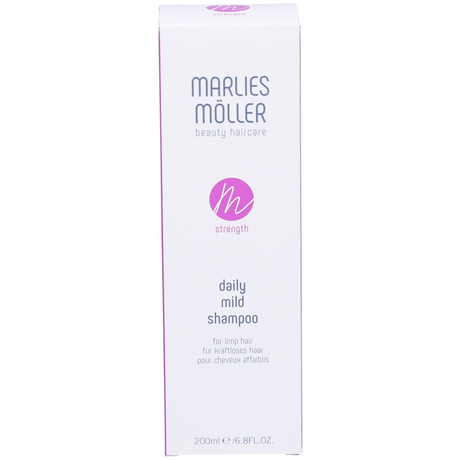 Verpackung. Aufschrift: Marlies Möller, Daily Mild Shampoo. 200ml.