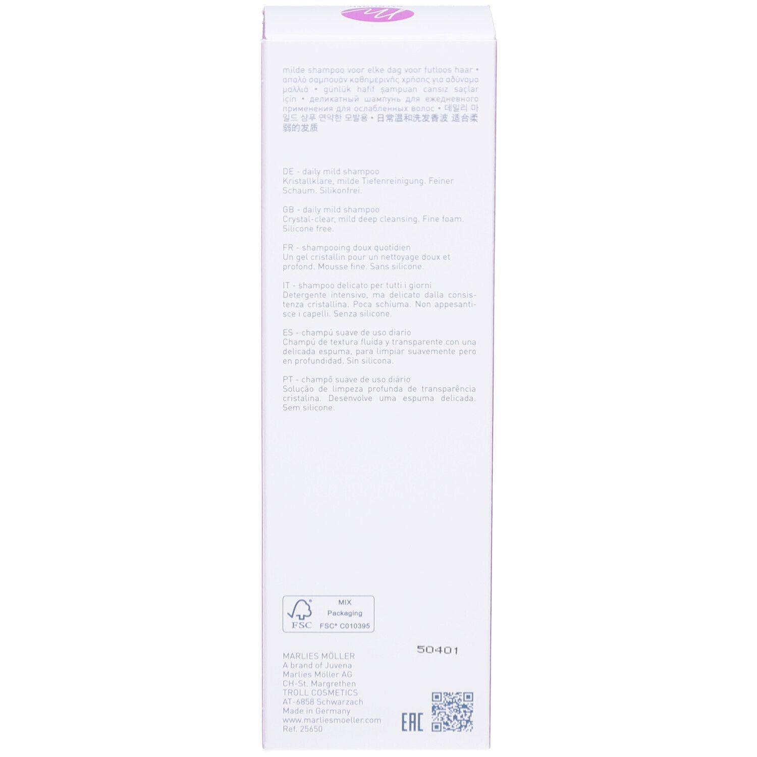 Verpackung, Seitenansicht. Aufschrift: Marlies Möller, Inhaltsstoffe.