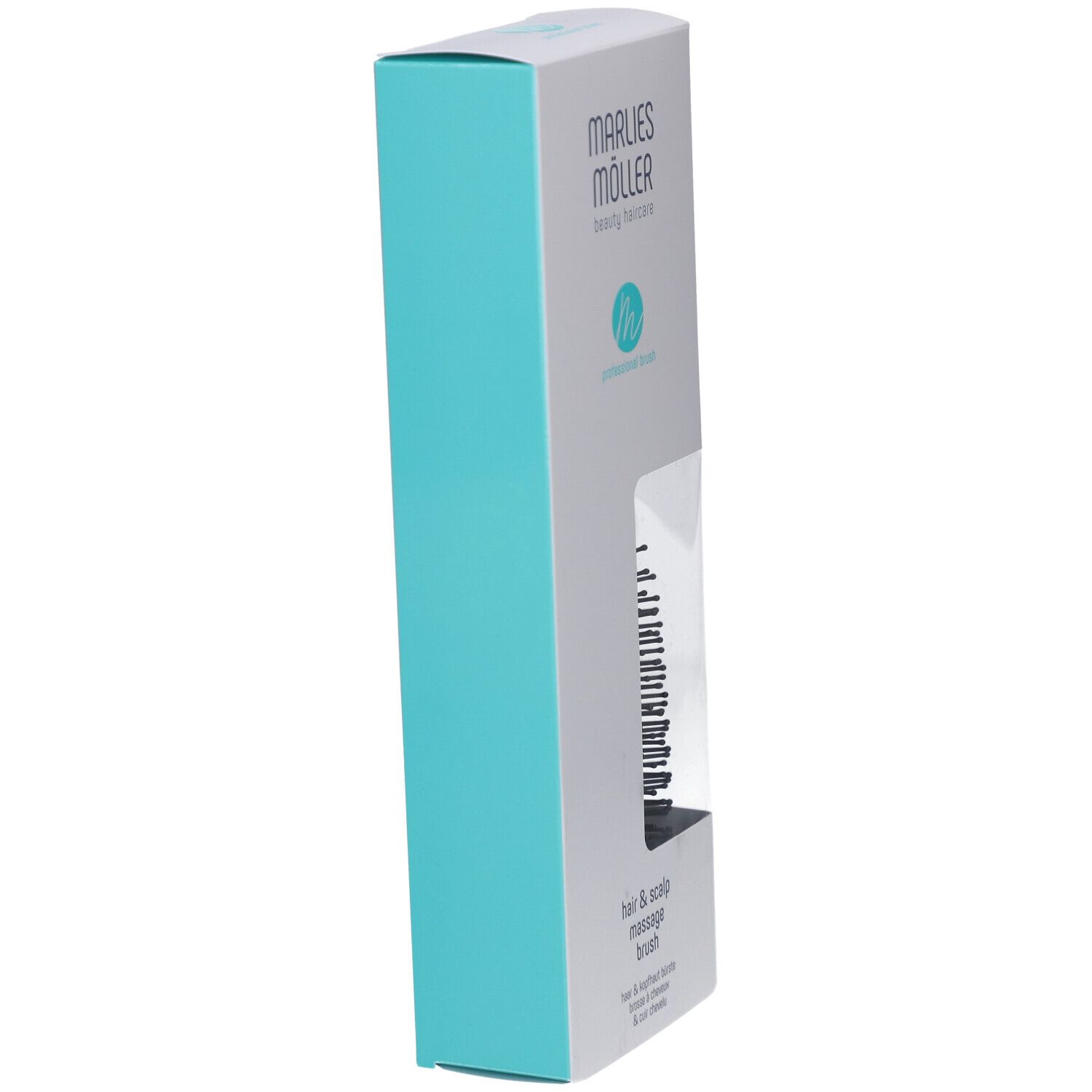 Vue latérale de l'emballage. Boîte blanche avec accents turquoise. Marlies Möller. Fenêtre montrant la brosse de massage.