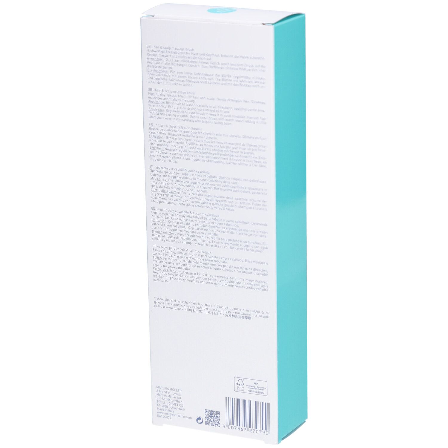 Dos de l'emballage. Texte multilingue. Emballage turquoise et blanc. Code QR et logo.