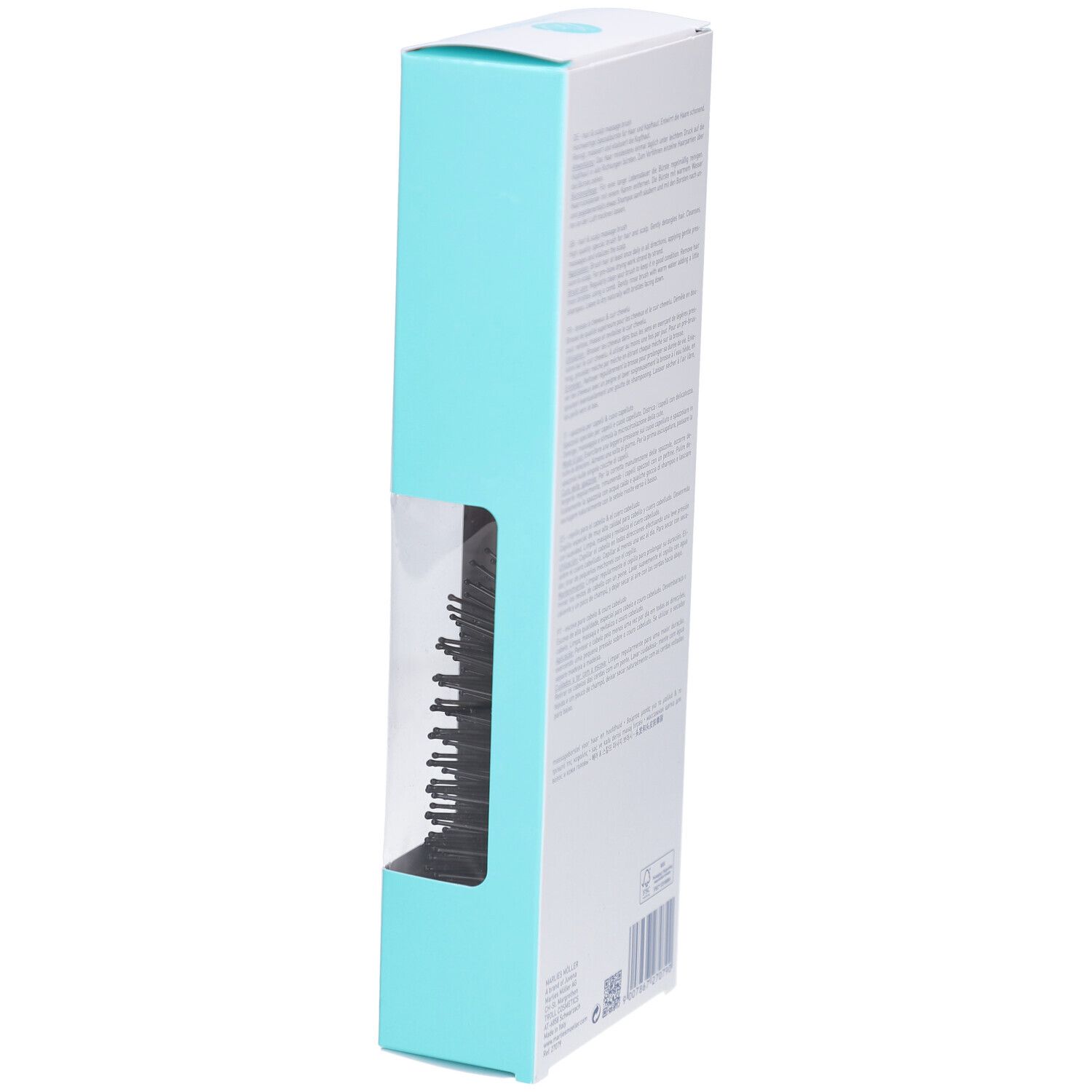 Vue latérale de l'emballage. Boîte blanche avec accents turquoise. Fenêtre montrant la brosse de massage.