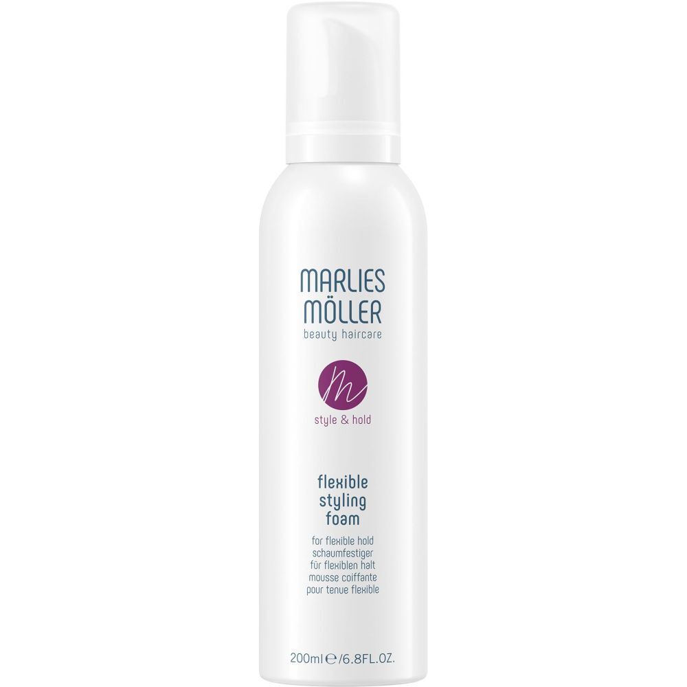 Flacon blanc avec bouchon pulvérisateur. Inscription : Marlies Möller, Style & Hold, Flexible Styling Foam. 200ml.