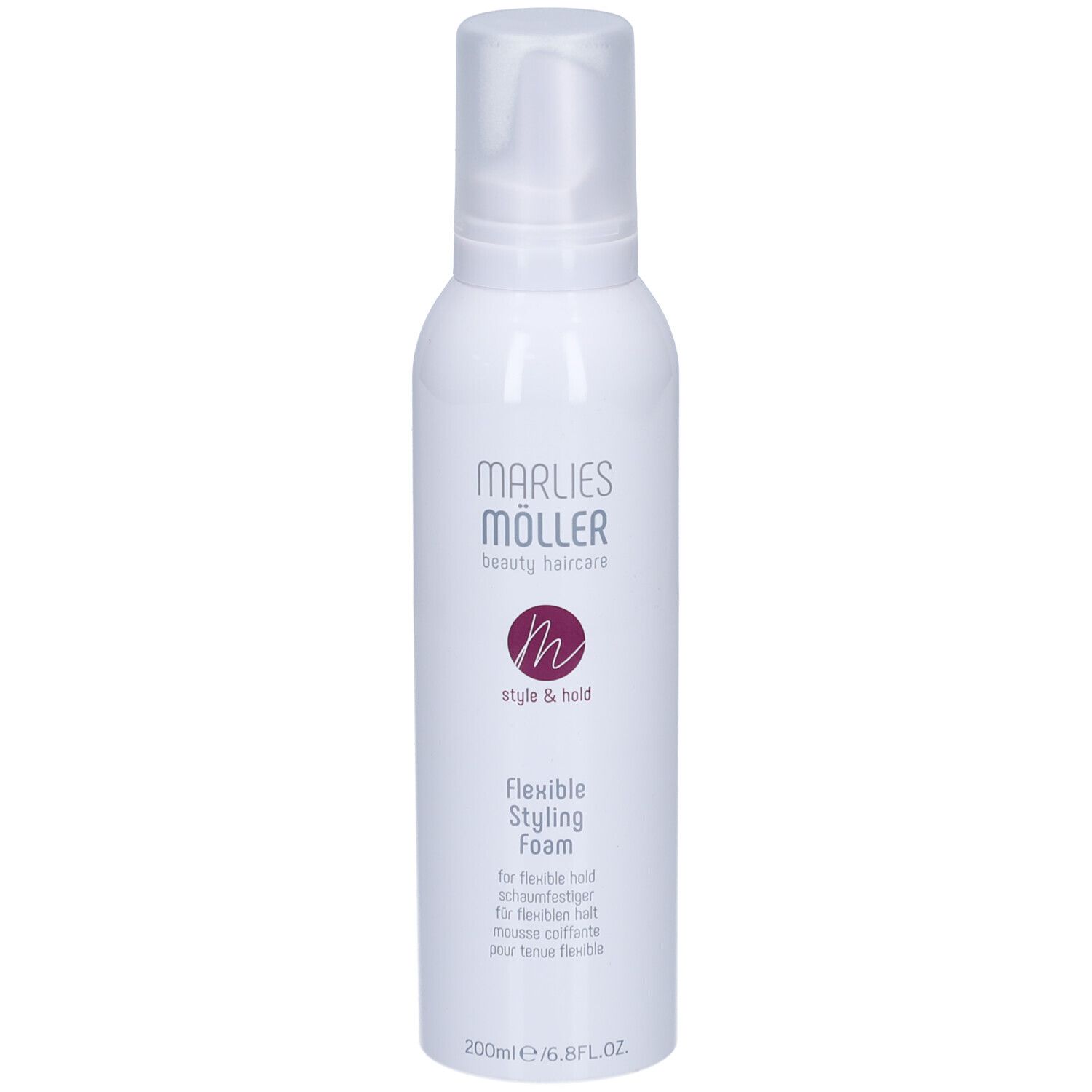 Flacon blanc avec bouchon pulvérisateur. Inscription : Marlies Möller, Style & Hold, Flexible Styling Foam. 200ml.