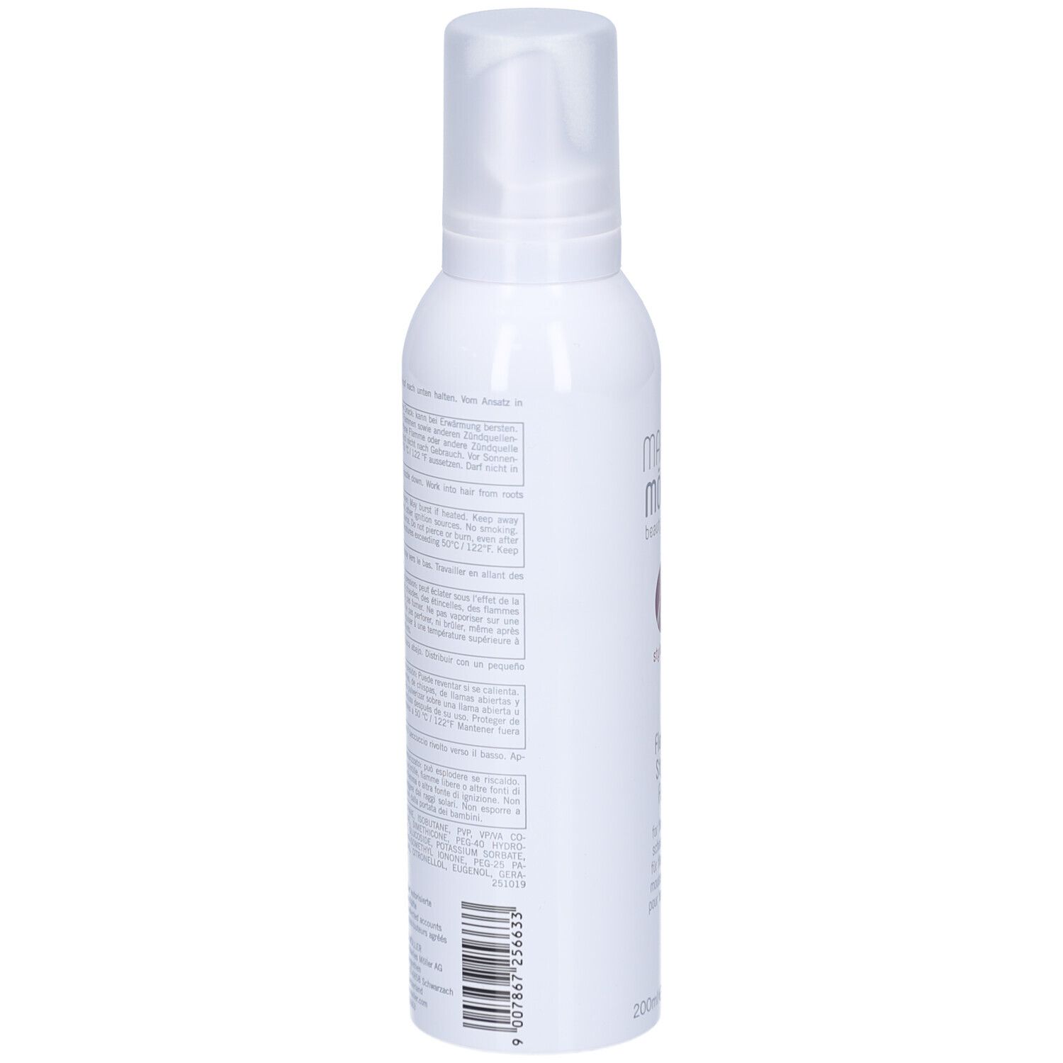 Flacon blanc, dos. Inscription et texte. 200ml. Avertissements.