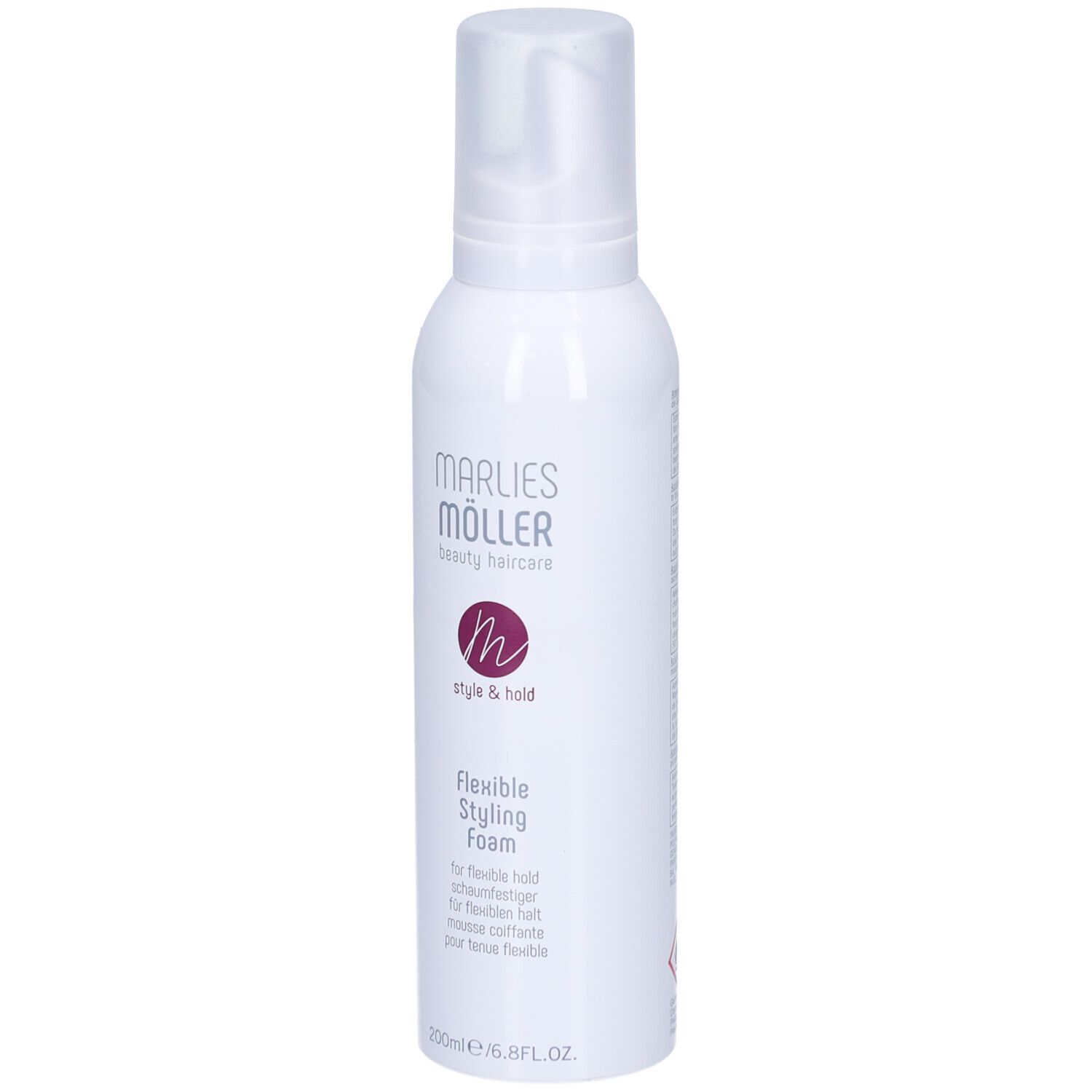 Flacon blanc avec bouchon pulvérisateur. Inscription : Marlies Möller, Style & Hold, Flexible Styling Foam. 200ml.