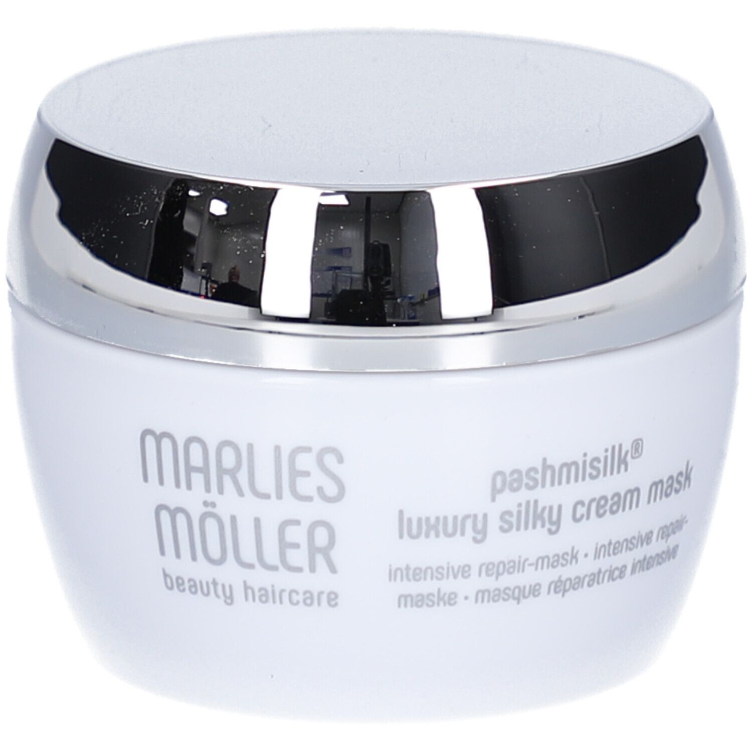 Weißer Tiegel mit silbernem Deckel. Aufschrift: Marlies Möller, Pashmisilk, Luxury Silky Cream Mask.