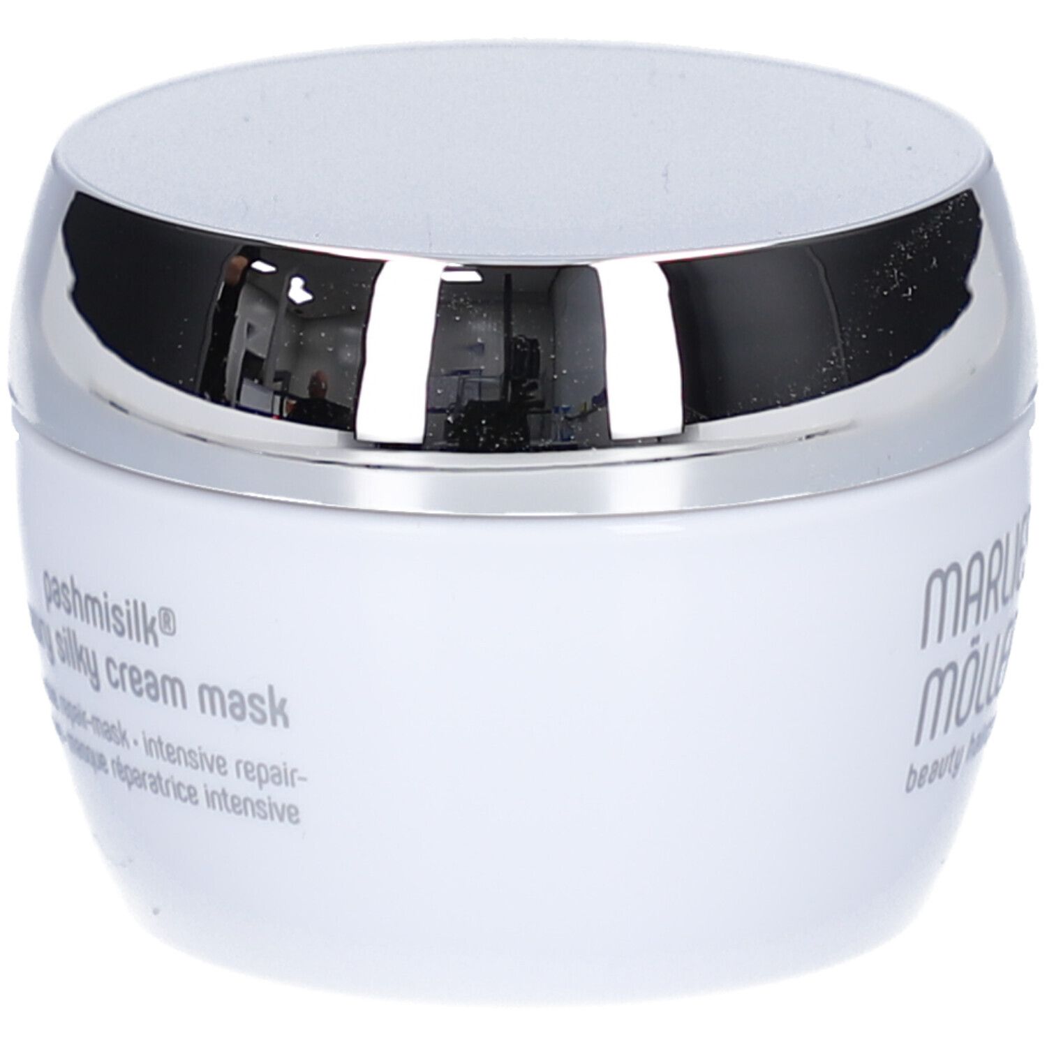 Weißer Tiegel mit silbernem Deckel. Aufschrift: Marlies Möller, Pashmisilk, Luxury Silky Cream Mask.