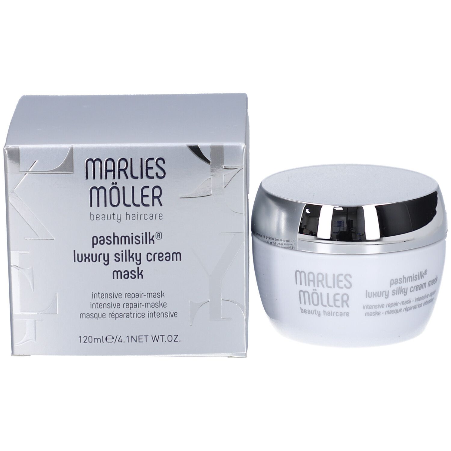 Weißer Tiegel mit silbernem Deckel. Aufschrift: Marlies Möller, Pashmisilk, Luxury Silky Cream Mask.