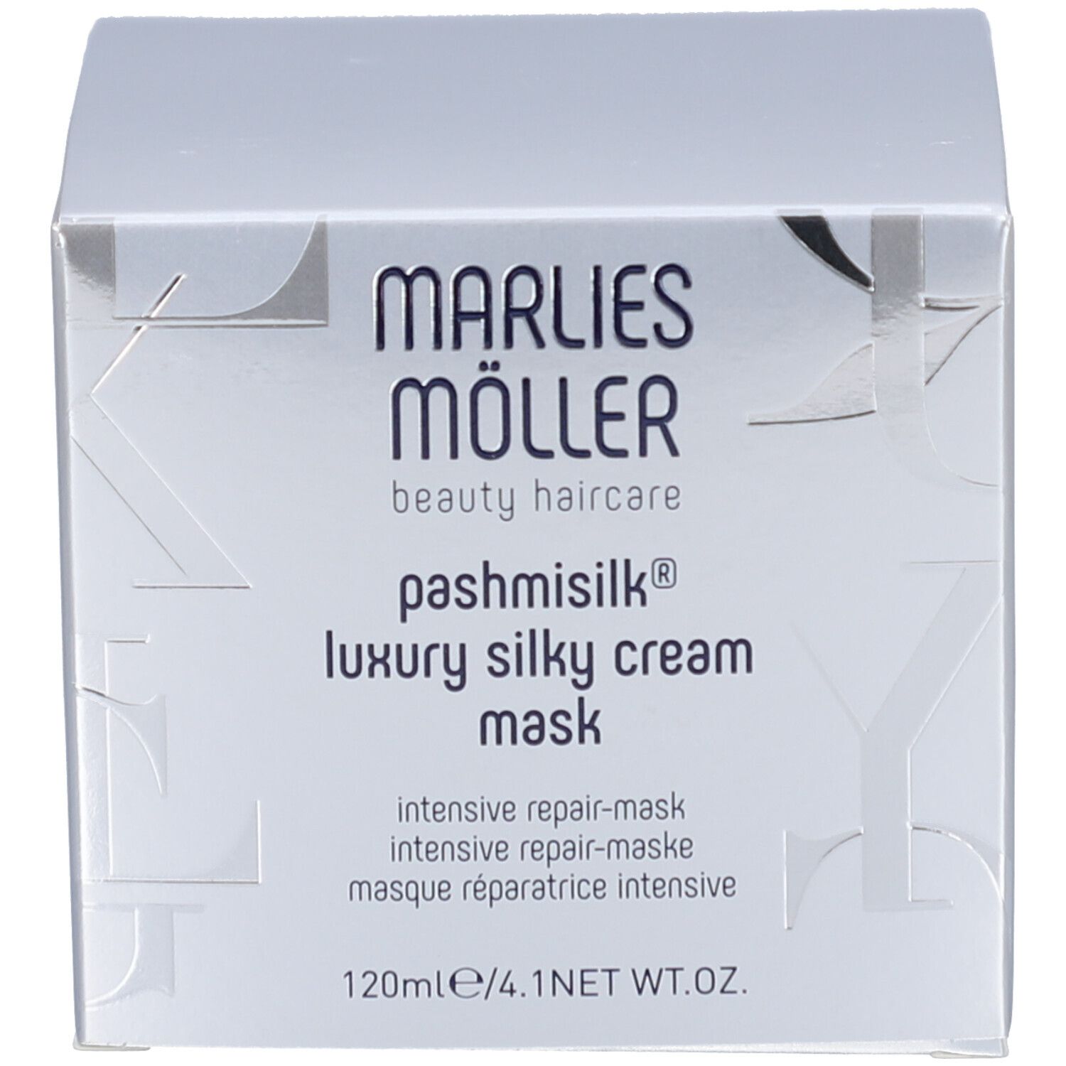 Produktverpackung und Tiegel. Aufschrift: Marlies Möller, Pashmisilk, Luxury Silky Cream Mask.