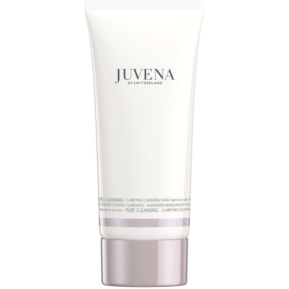 Tube blanc avec produit. Inscription: JUVENA OF SWITZERLAND. Texte: Clarifying Cleansing Foam.