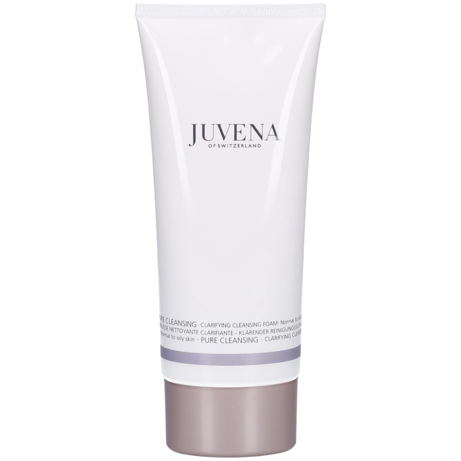 Tube blanc avec produit. Inscription: JUVENA OF SWITZERLAND. Texte: Clarifying Cleansing Foam.