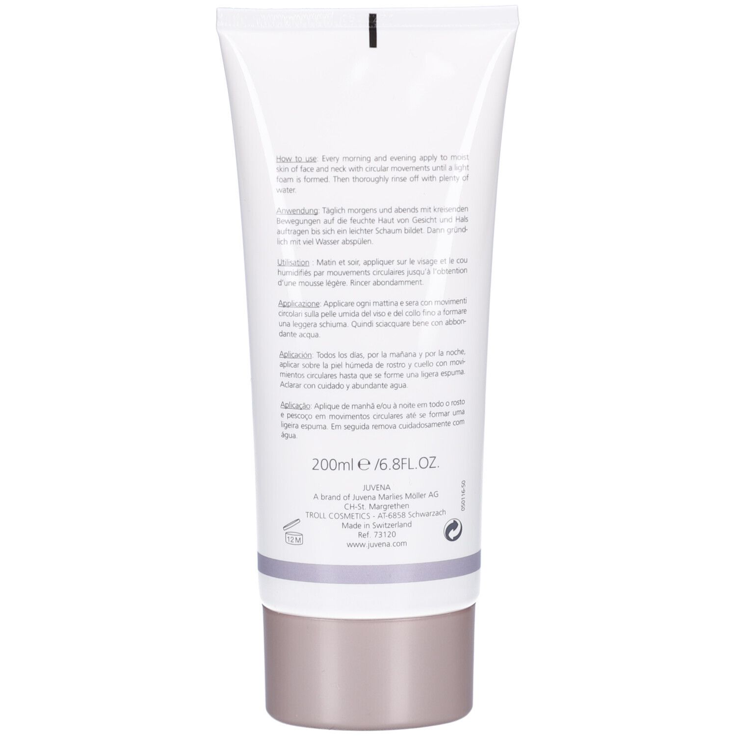 Dos du tube. Texte en plusieurs langues. Inscription: JUVENA. 200ml/6.8FL.OZ.