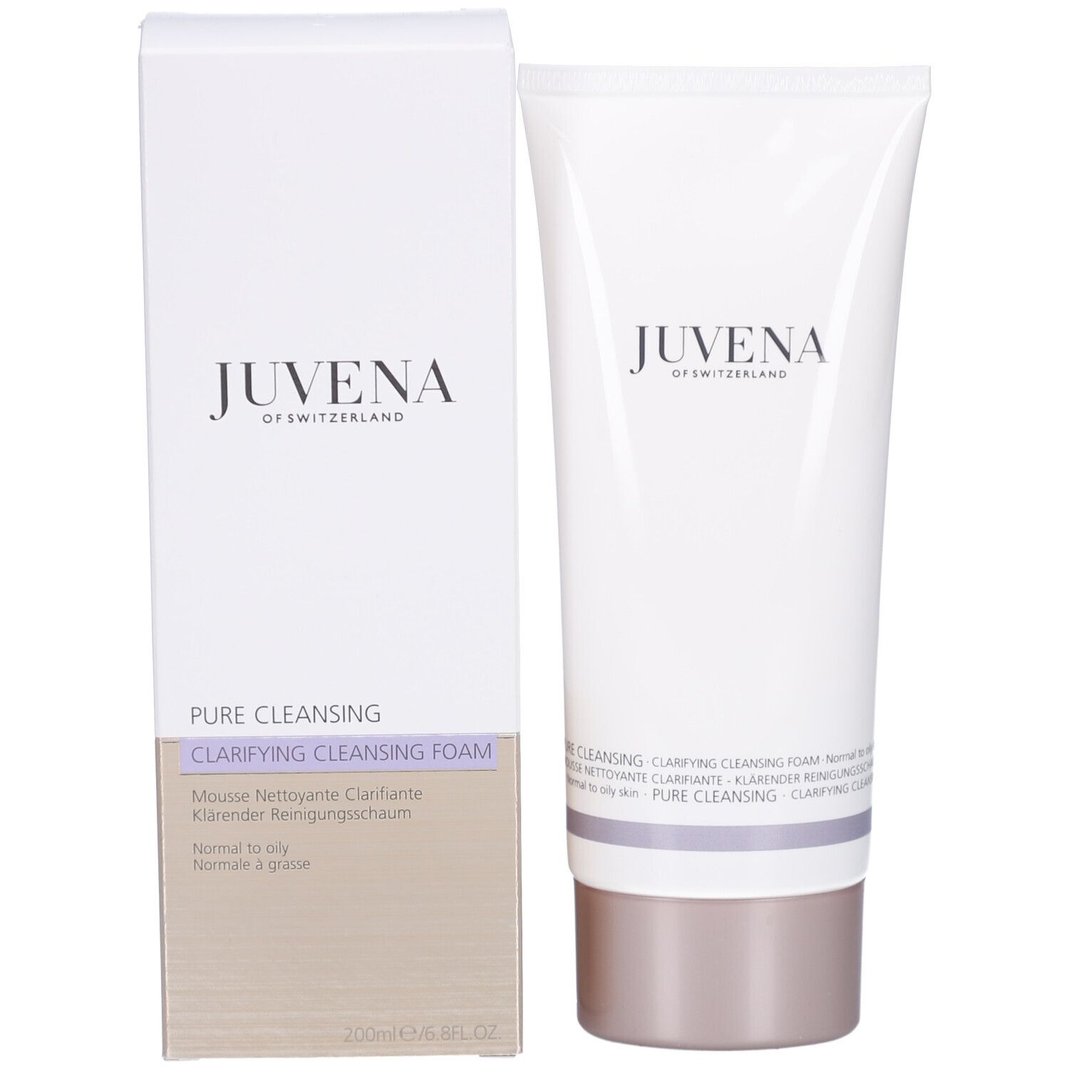 Produit et emballage. Inscription: JUVENA. Texte: Clarifying Cleansing Foam. 200ml/6.8FL.OZ.
