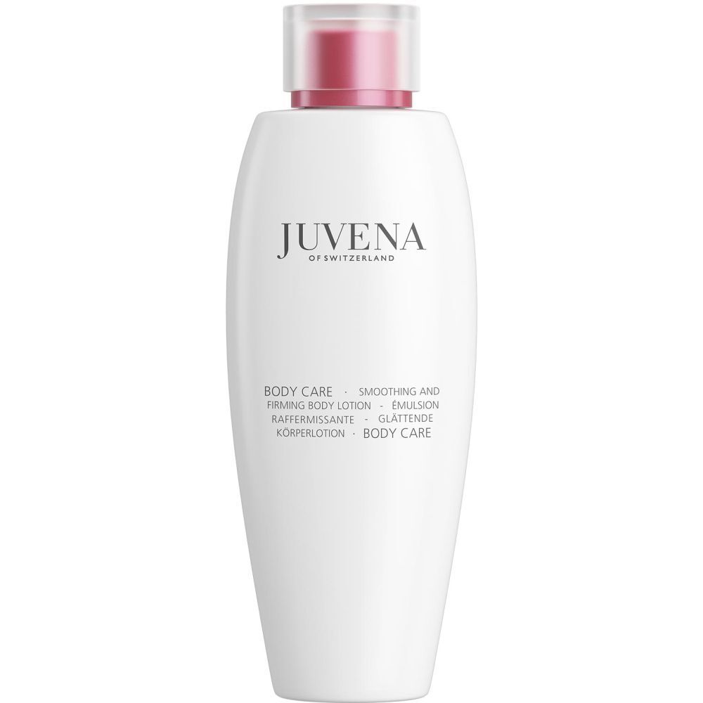Weiße Flasche mit rotem Verschluss. Aufschrift: Juvena of Switzerland. Text: Body Care, Smoothing and Firming Body Lotion.