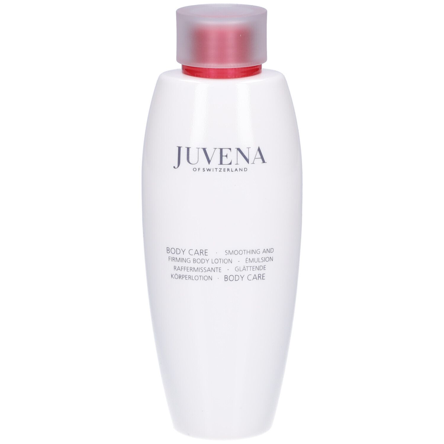 Flacon blanc avec bouchon rouge. Inscription: Juvena of Switzerland, Body Care, Smoothing & Firming Body Lotion.