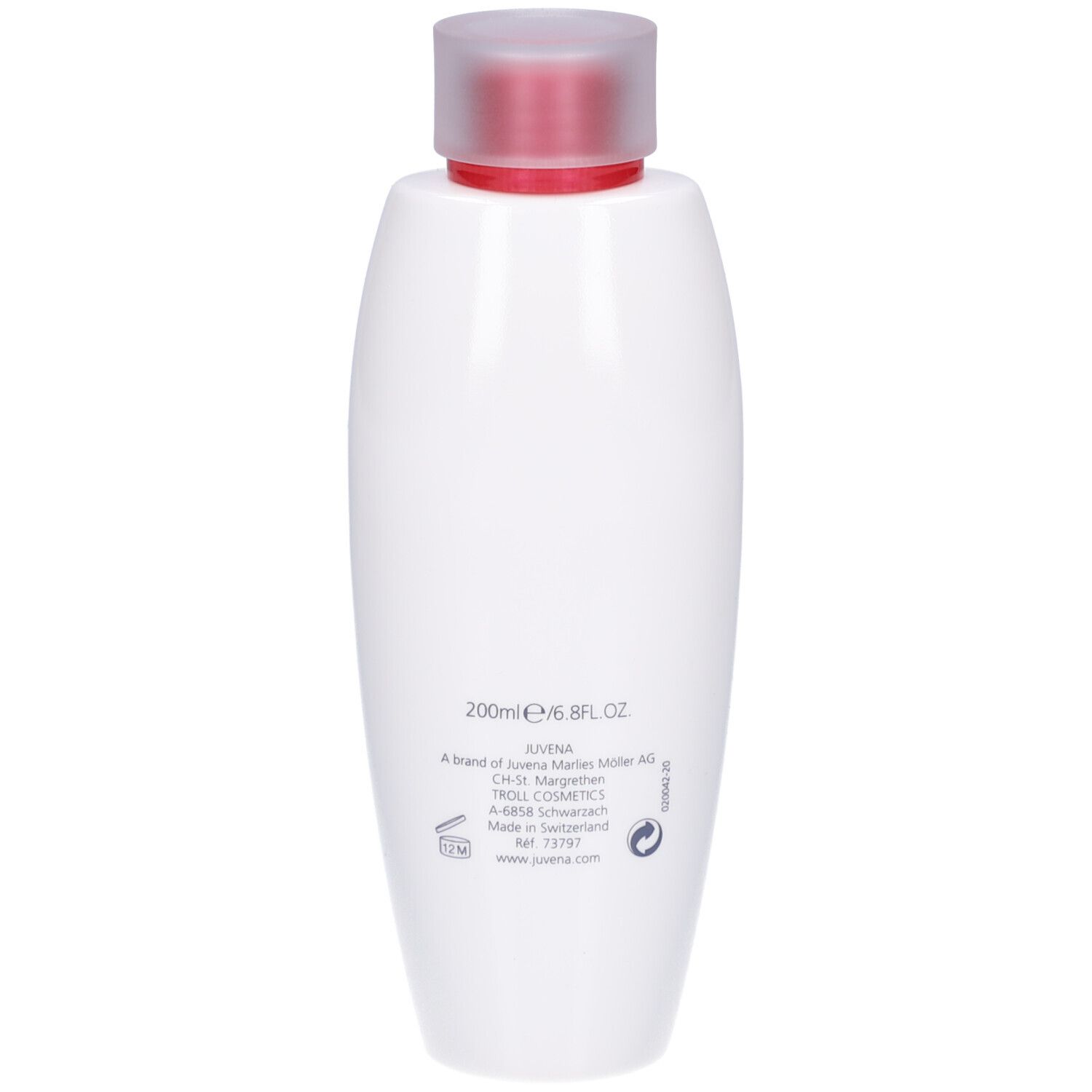 Dos du flacon blanc. Inscription: 200ml/6.8 FL.OZ, Juvena, adresse, logo, symbole de recyclage.