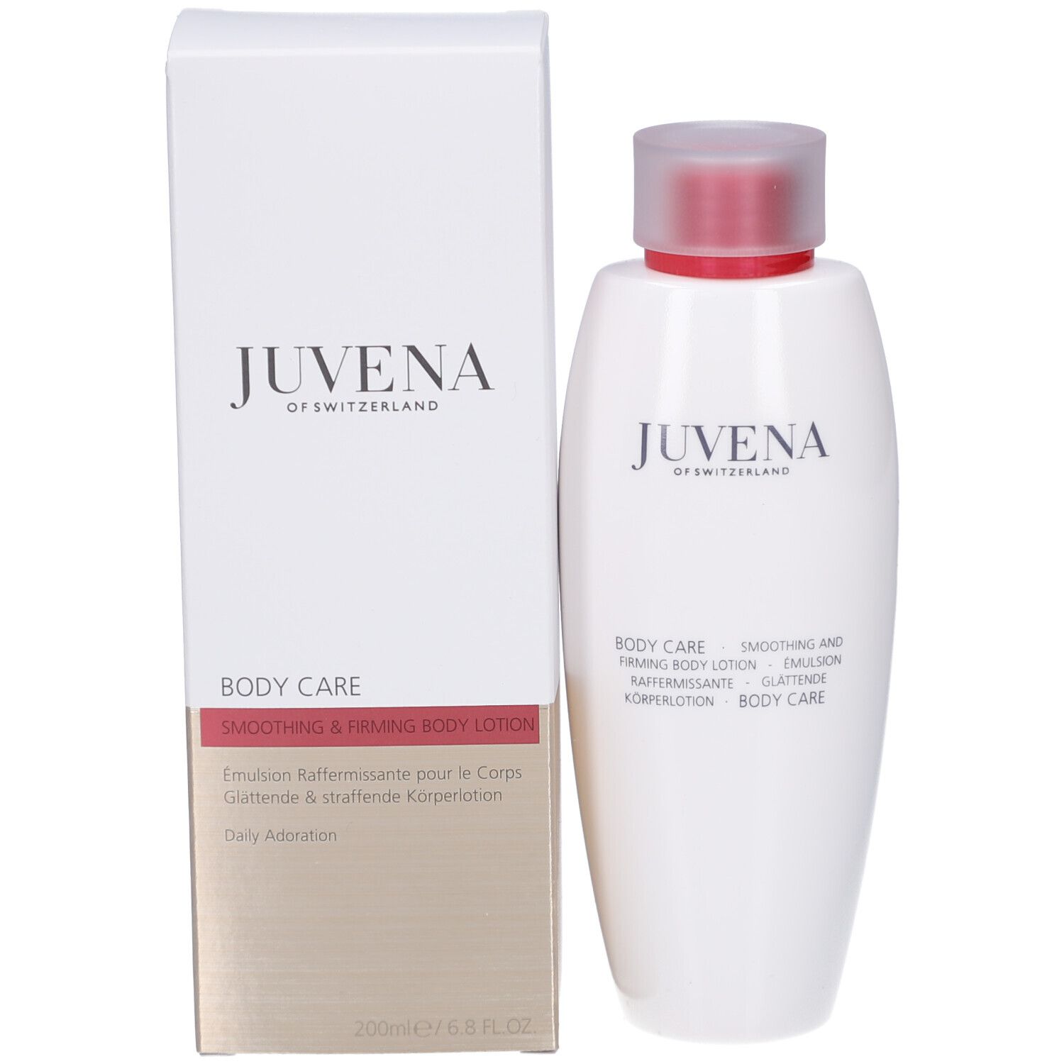 Flacon et emballage du produit. Inscription: Juvena of Switzerland, Body Care, Smoothing & Firming Body Lotion.