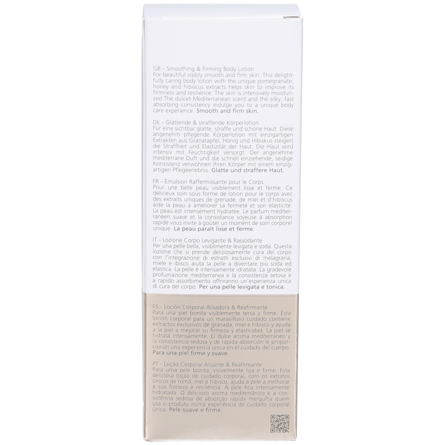 Emballage, côté. Texte en anglais, allemand, néerlandais, italien, espagnol et portugais.