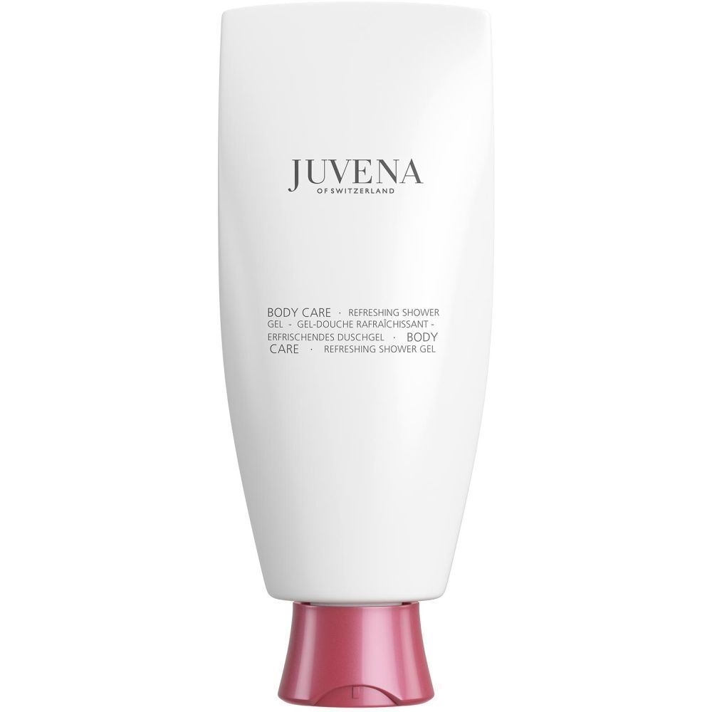 Weißer Behälter mit rotem Verschluss. Aufschrift: Juvena of Switzerland, Body Care, Refreshing Shower Gel.