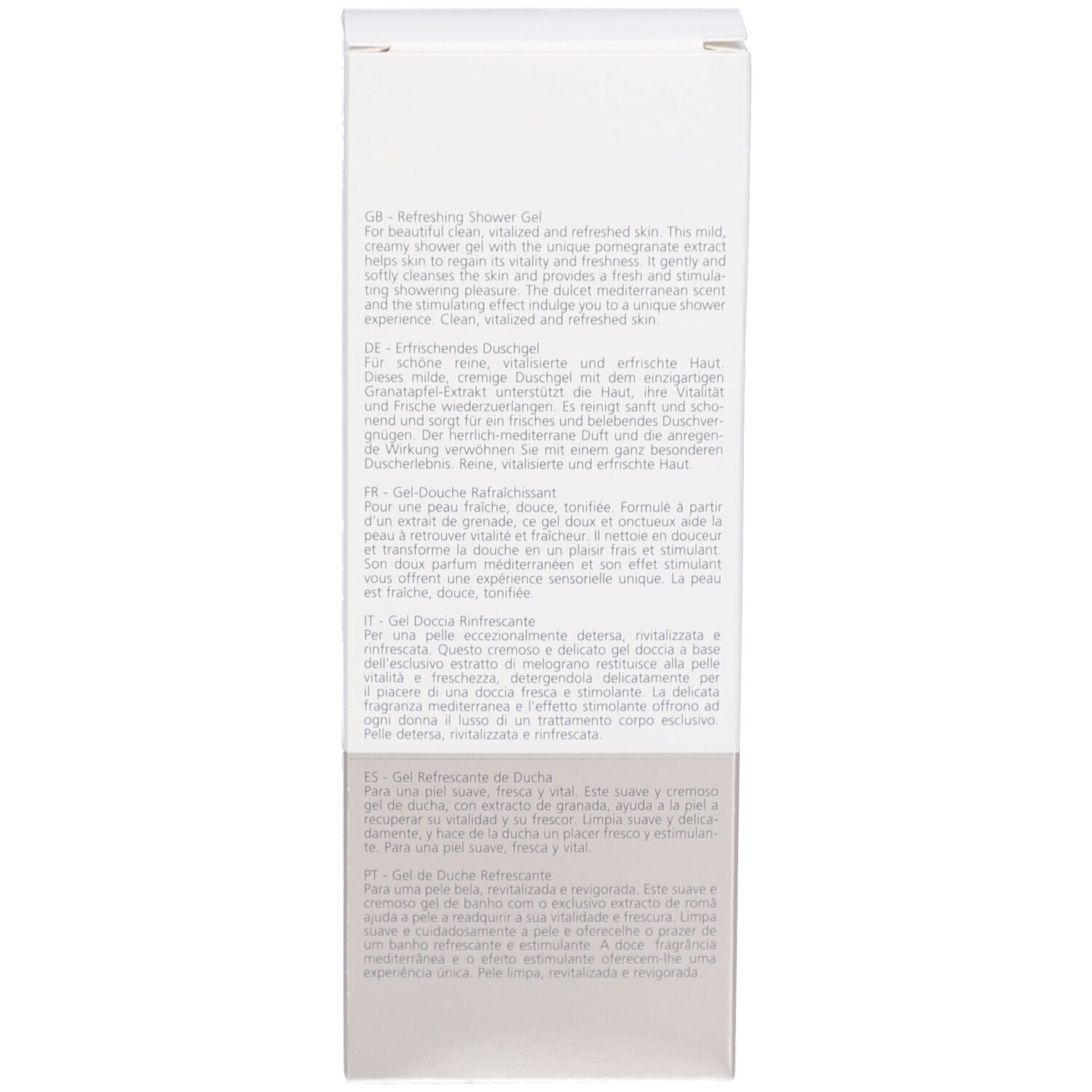 Seitenansicht des weißen Kartons. Text.