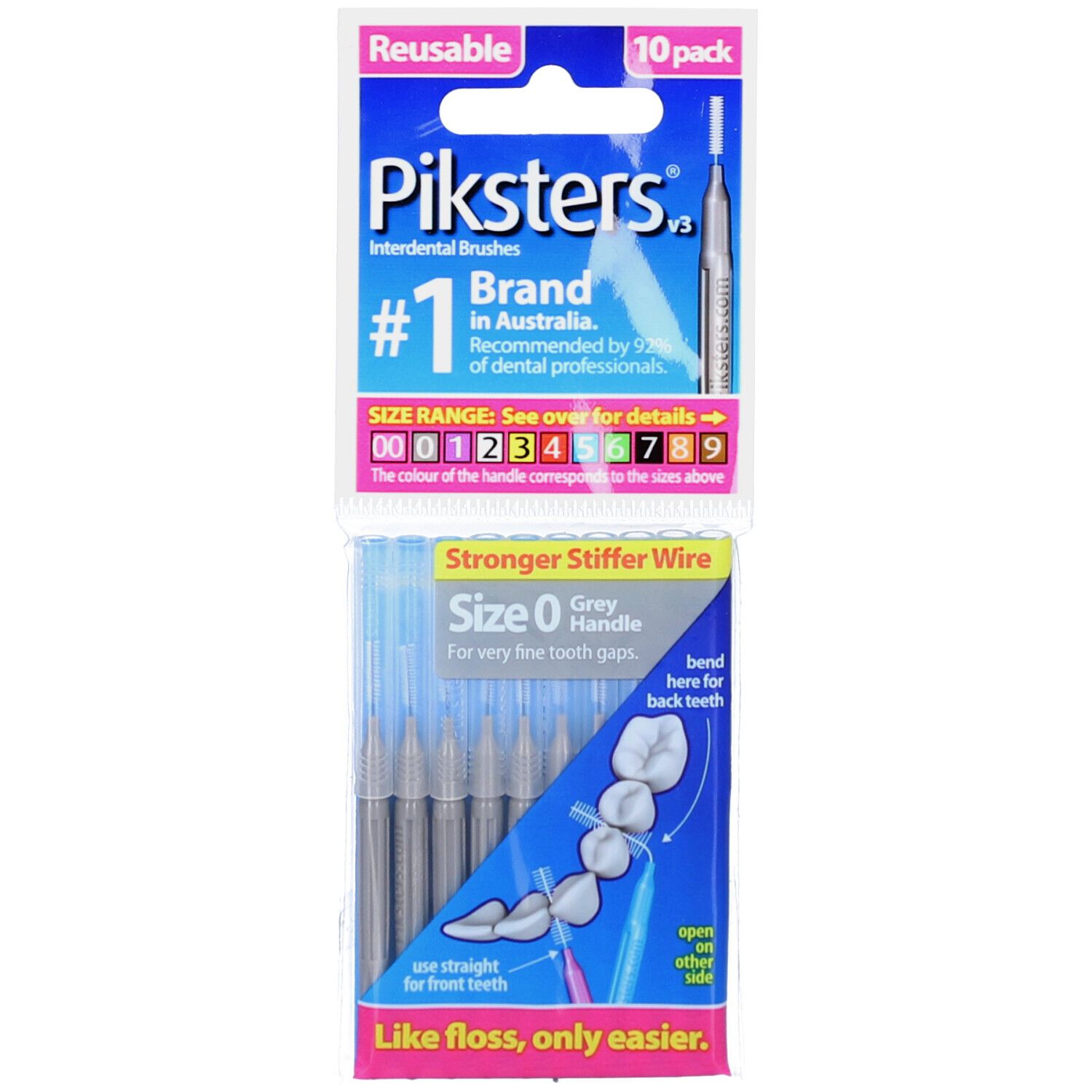 Verpackung mit wiederverwendbaren Interdentalbürsten. Enthält 10 Stück. Größe 0, grauer Griff. Stärkere Drahtborsten.