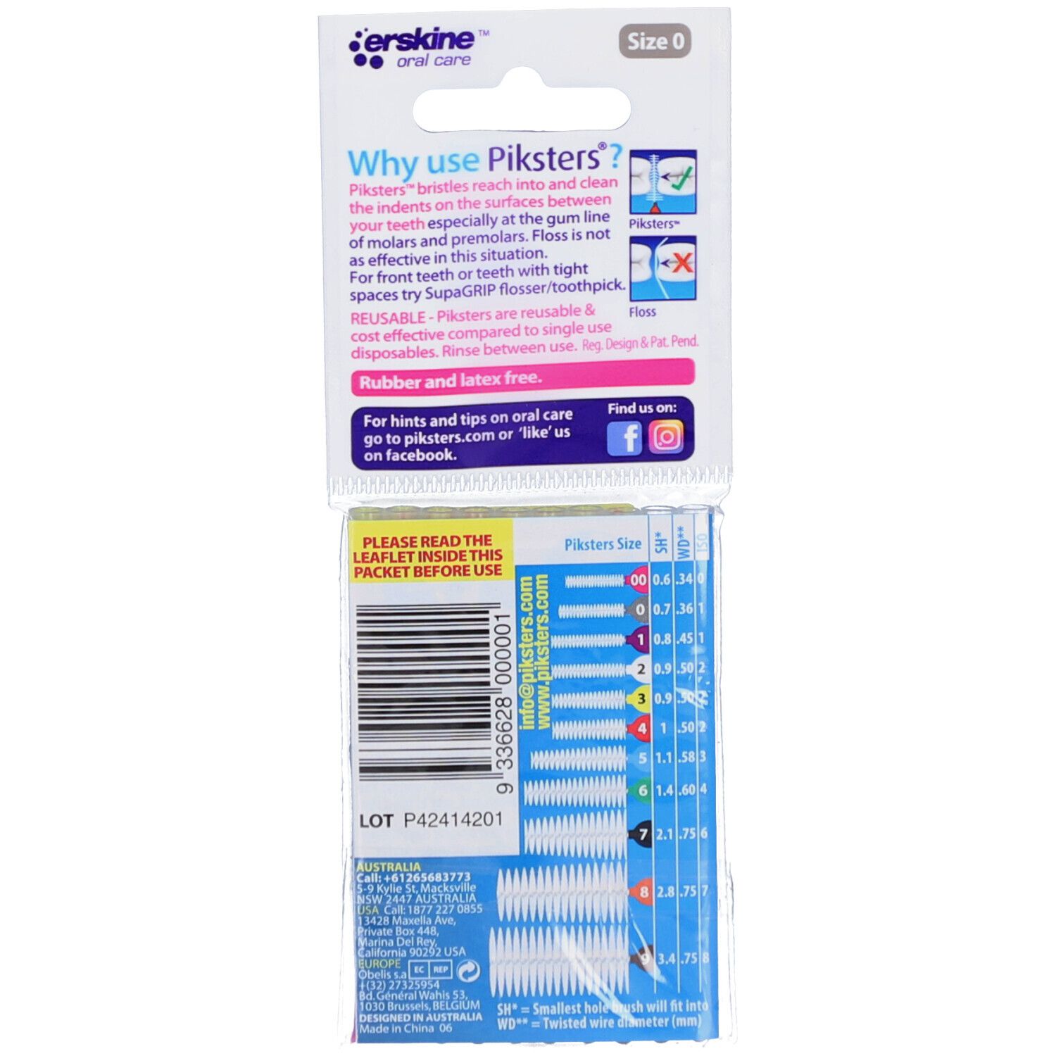 Rückseite der Verpackung mit Informationen zu den Interdentalbürsten. Größenübersicht und Gebrauchsanweisung.