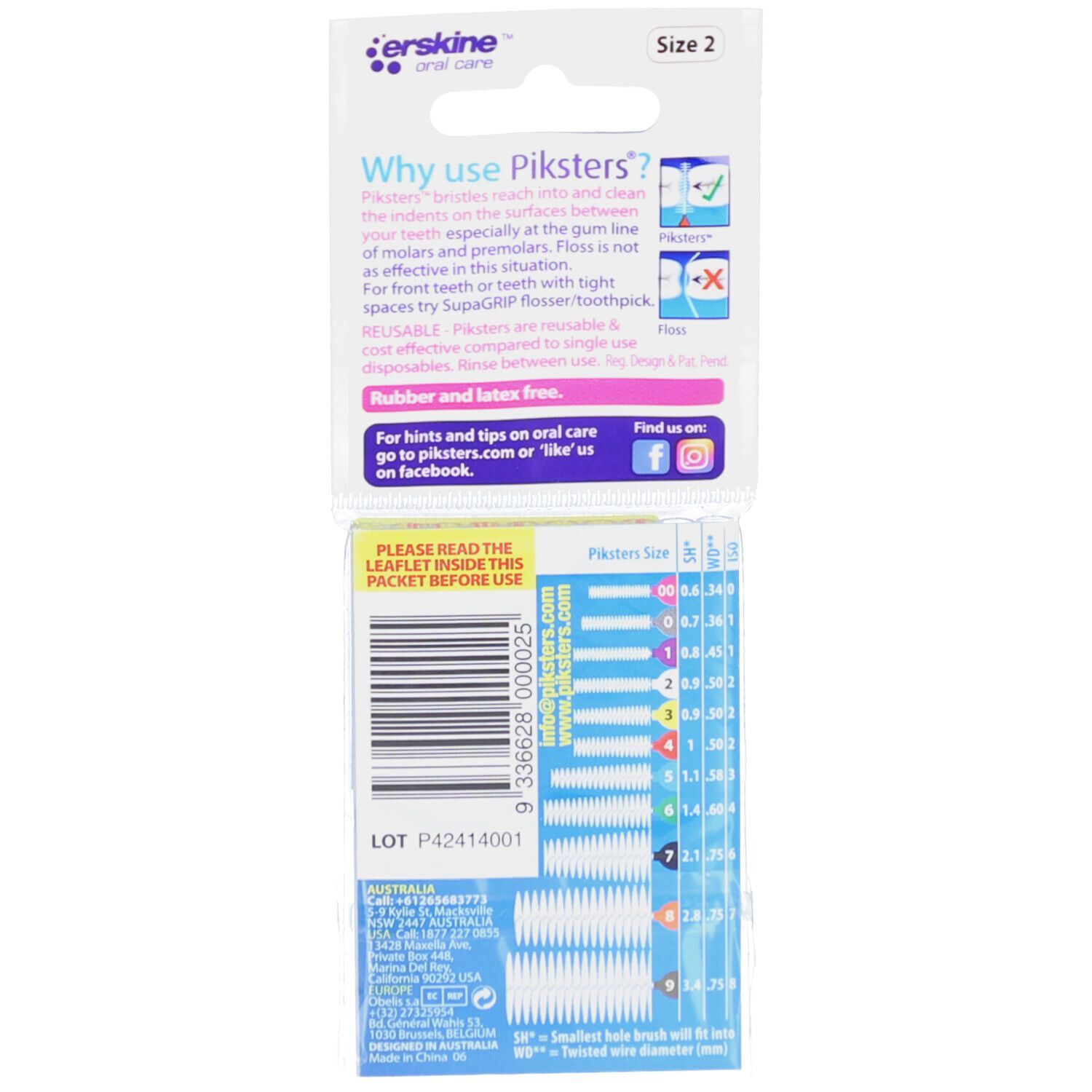 Dos de l'emballage avec informations produit, tailles et code-barres.