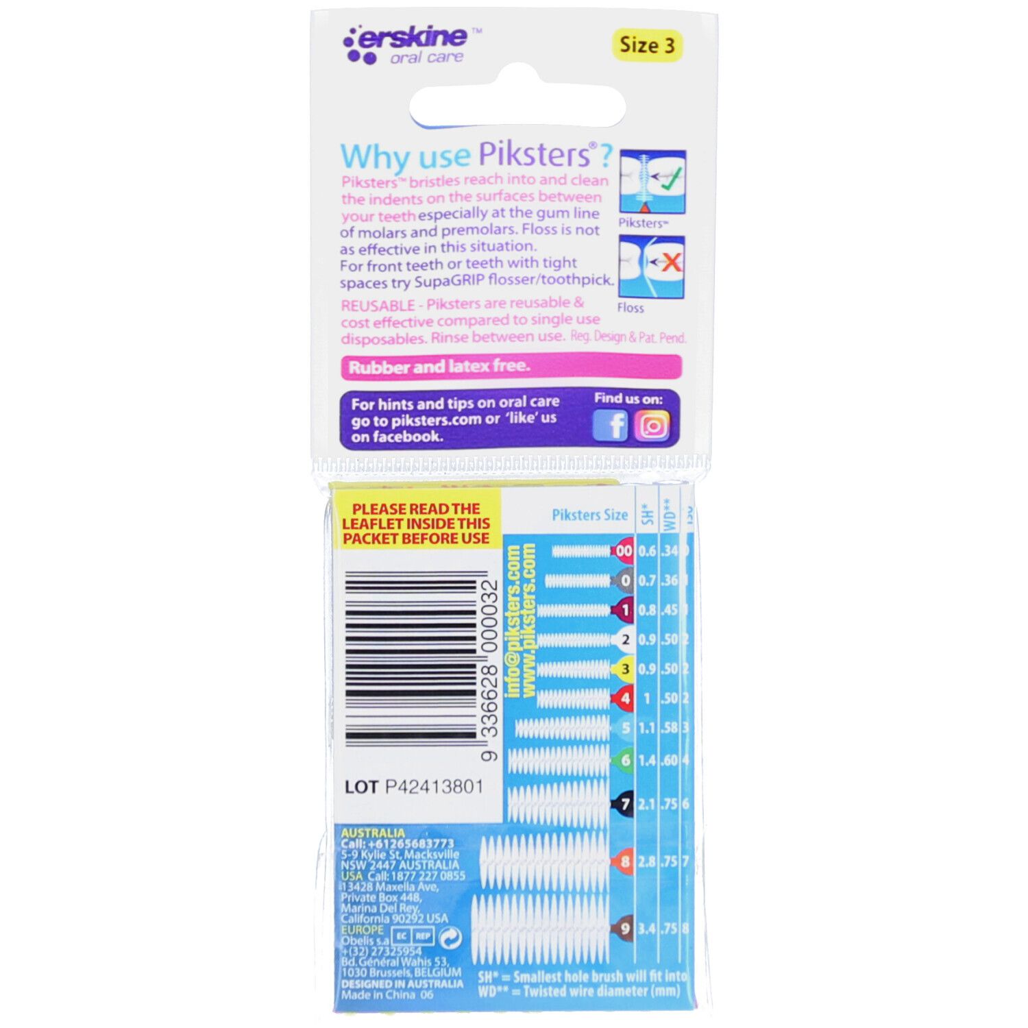 Dos du paquet de brossettes interdentaires PIKSTERS. Taille 3. Informations d'utilisation et tailles.