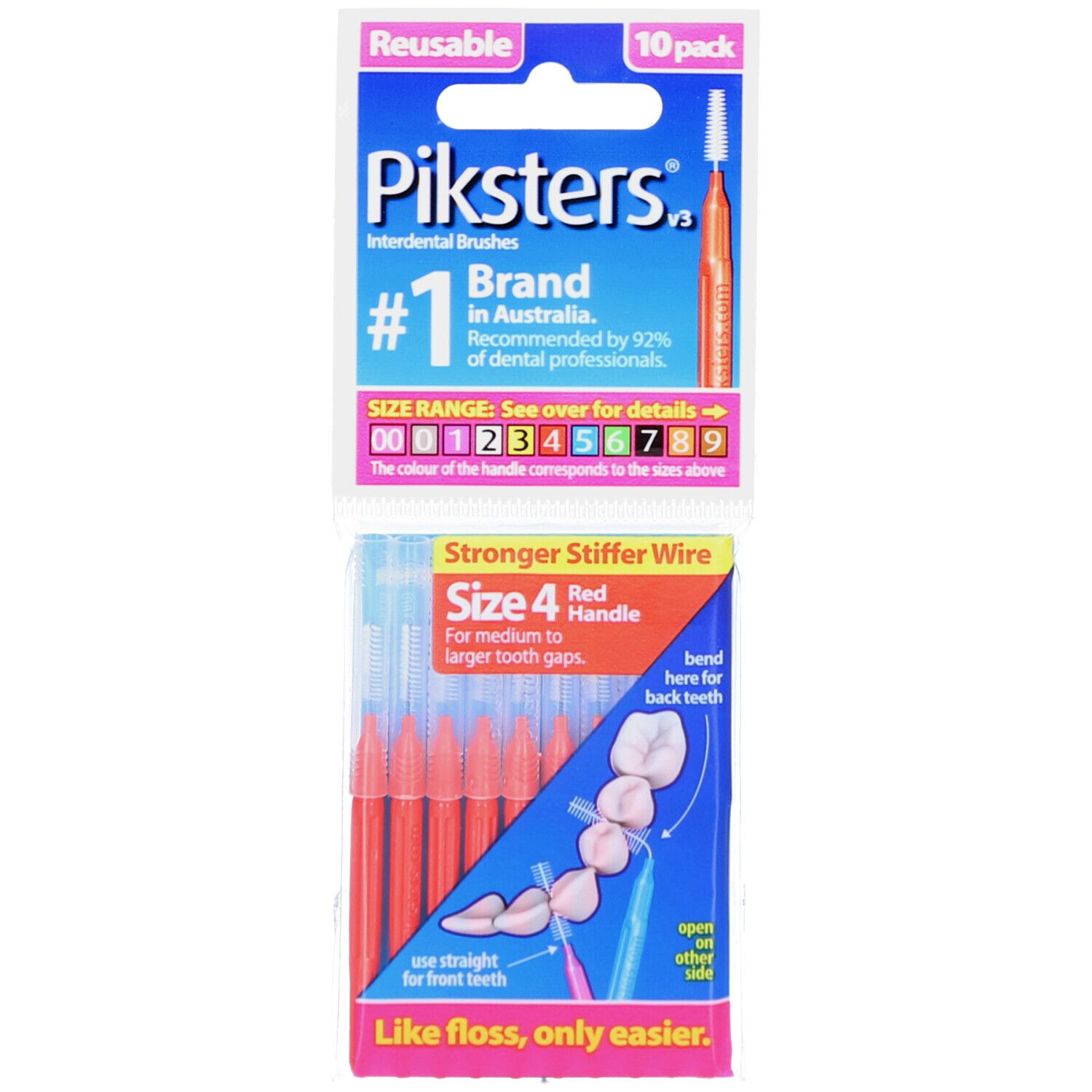Paquet de brossettes interdentaires réutilisables, taille 4, 10 pièces. Poignées rouges. Recommandé par les professionnels dentaires. "Like floss, only easier."