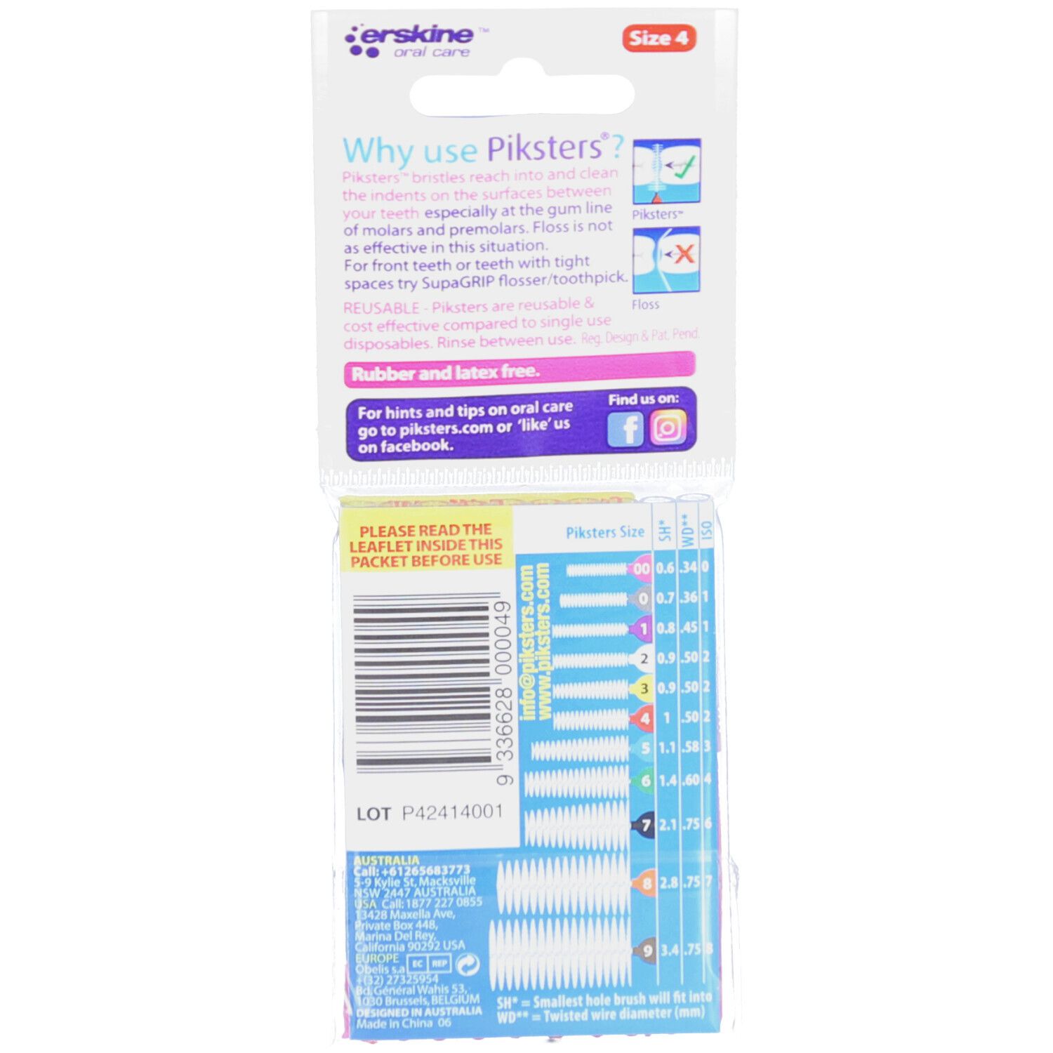 Dos du paquet de brossettes interdentaires. Informations sur l'utilisation et le dimensionnement. Code-barres et coordonnées.