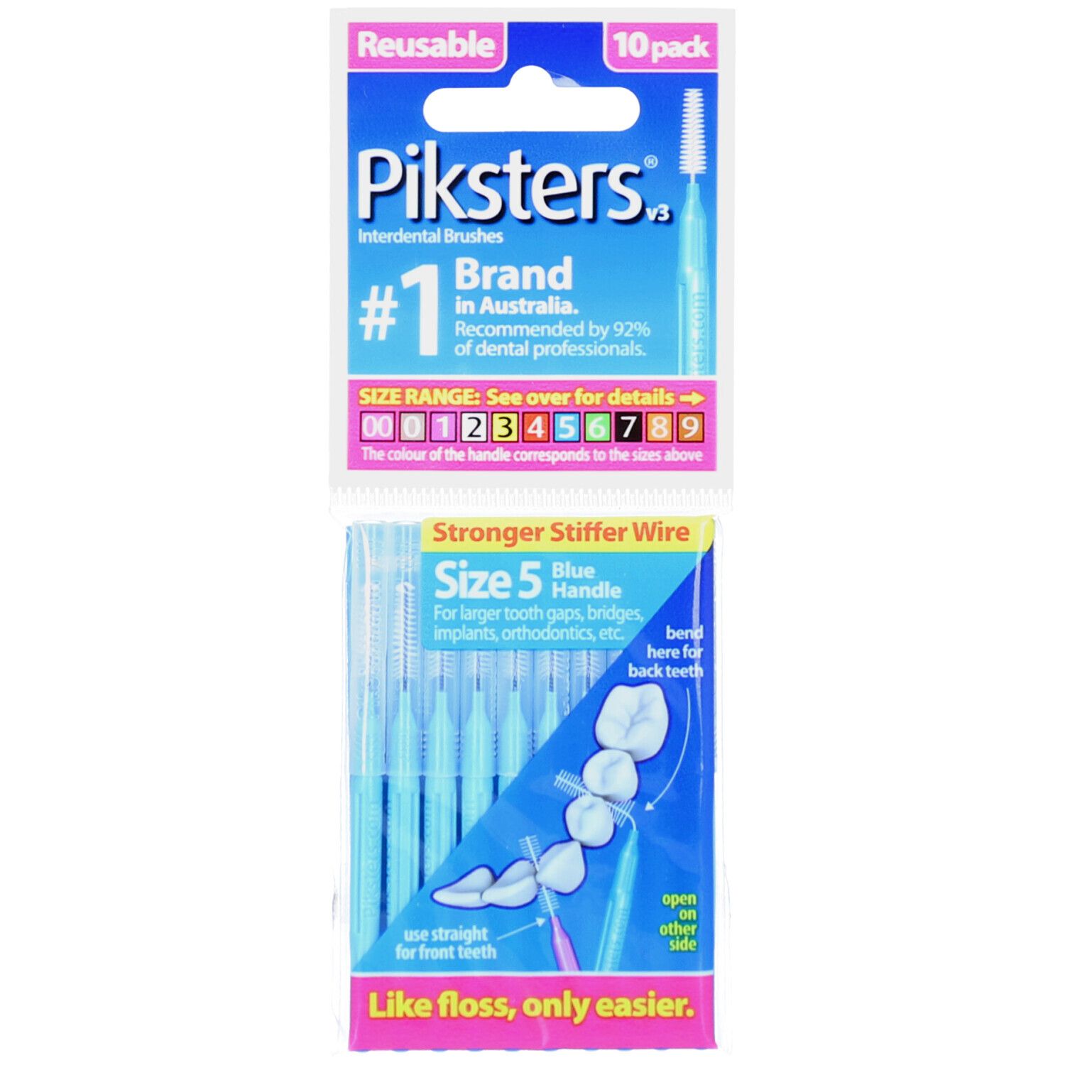 Paquet bleu de brossettes interdentaires réutilisables. Contient 10 pièces. Marque : Piksters. Taille 5. Fils plus rigides.