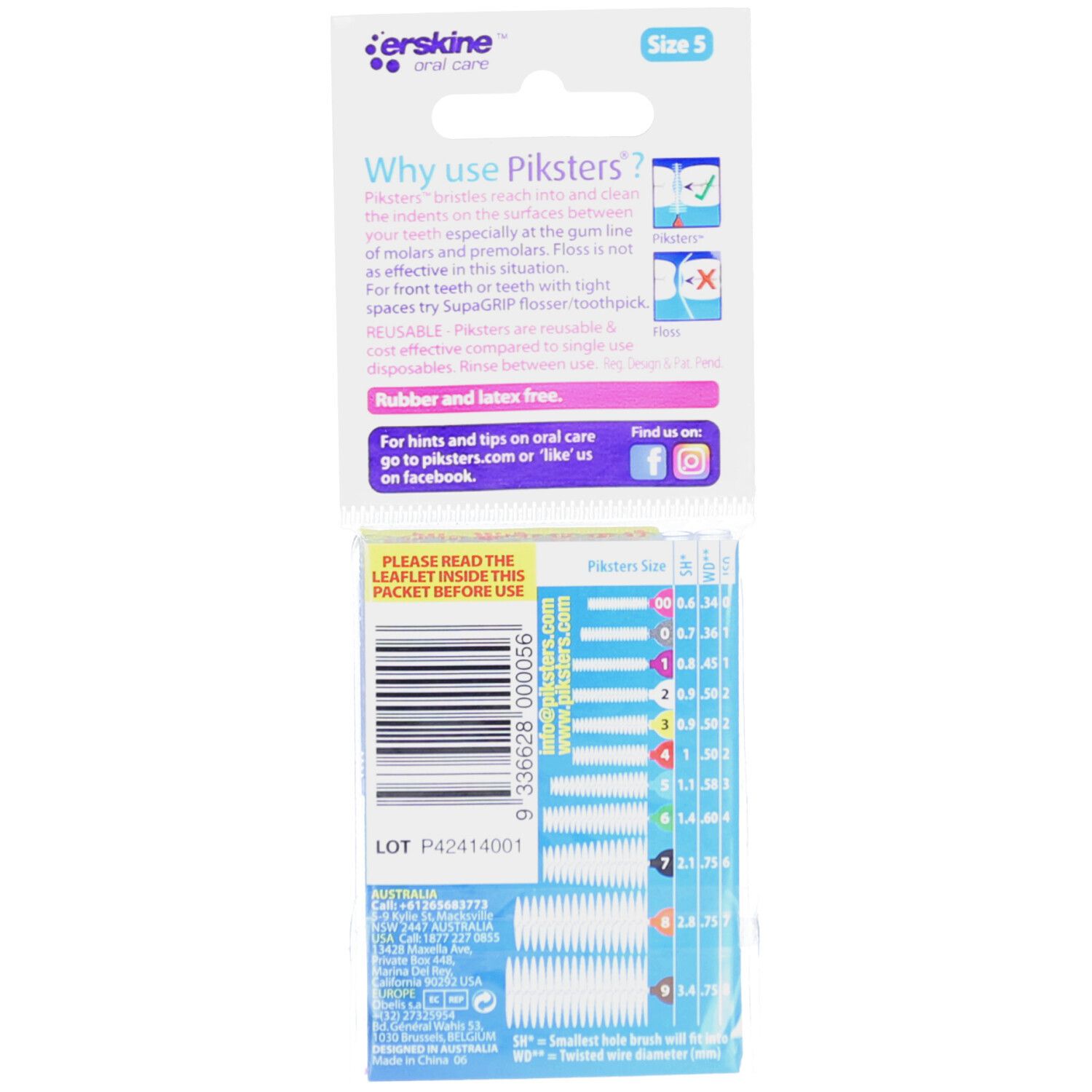 Dos du paquet avec informations sur les brossettes interdentaires. Contient un tableau des tailles et un code-barres. Marque : Piksters.