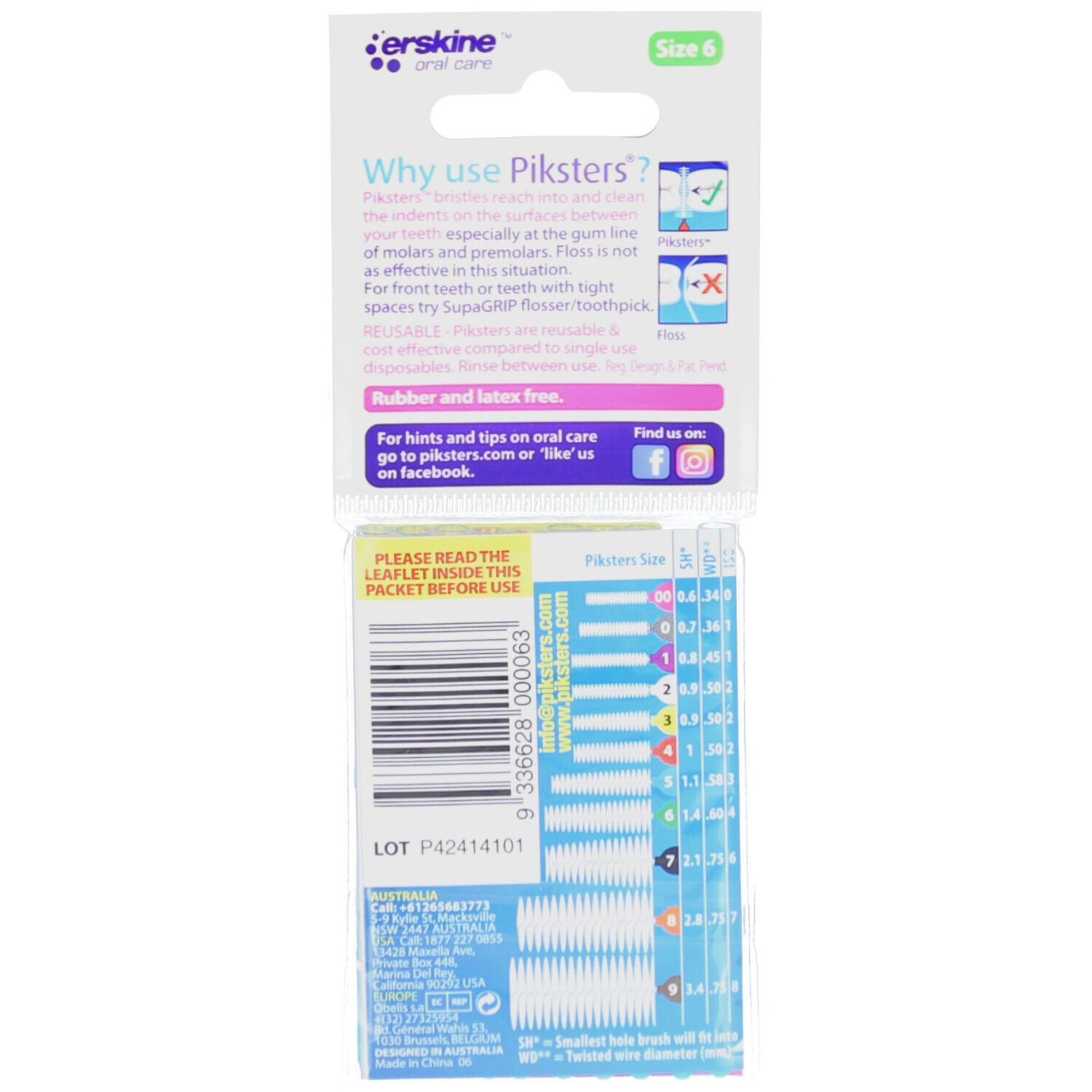 Dos du paquet de brossettes interdentaires. Informations sur les brosses, indications de taille et code-barres. Inscription : Piksters.