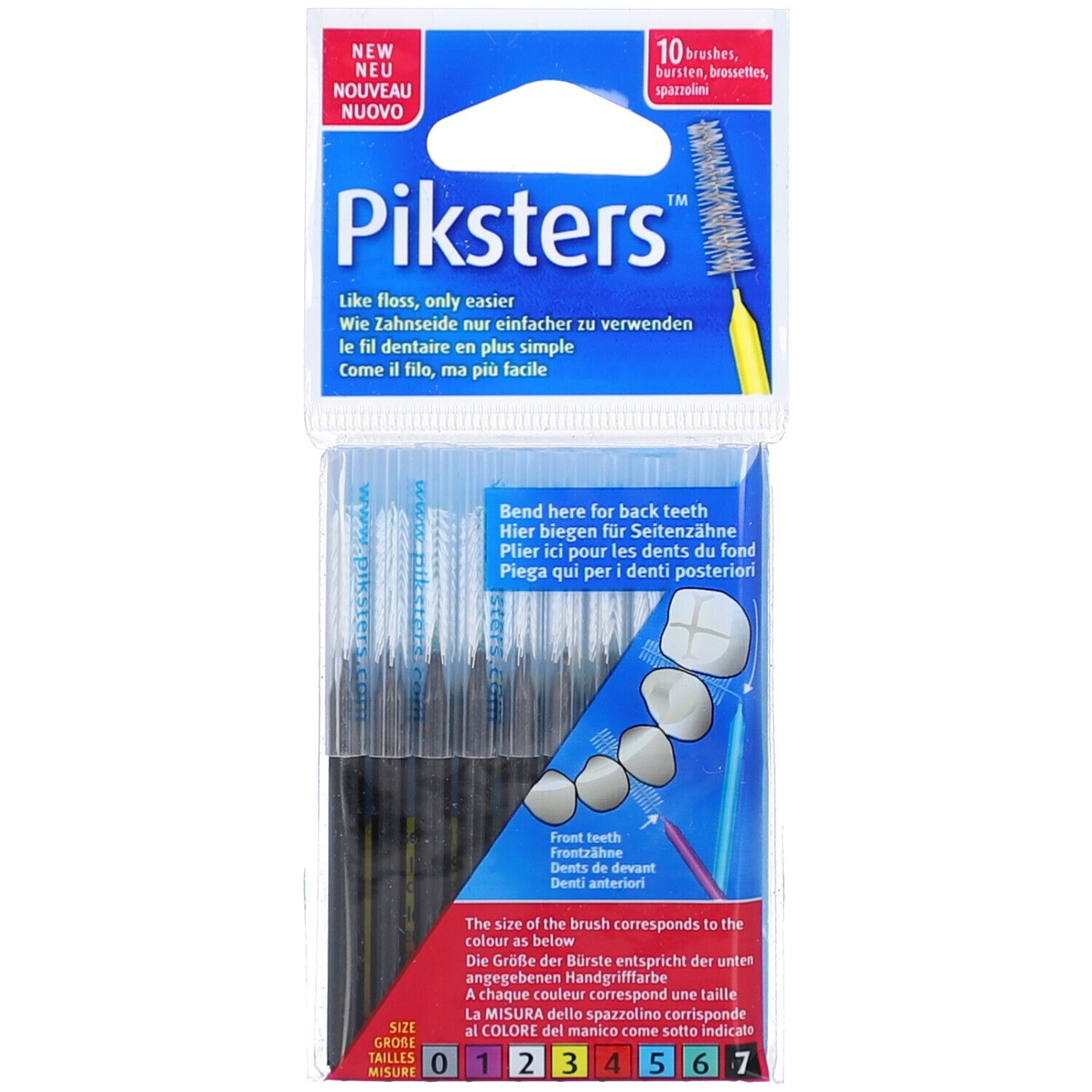 Emballage de brossettes interdentaires Piksters. 10 pièces. Tailles codées par couleur. Texte: 'Like floss, only easier'.