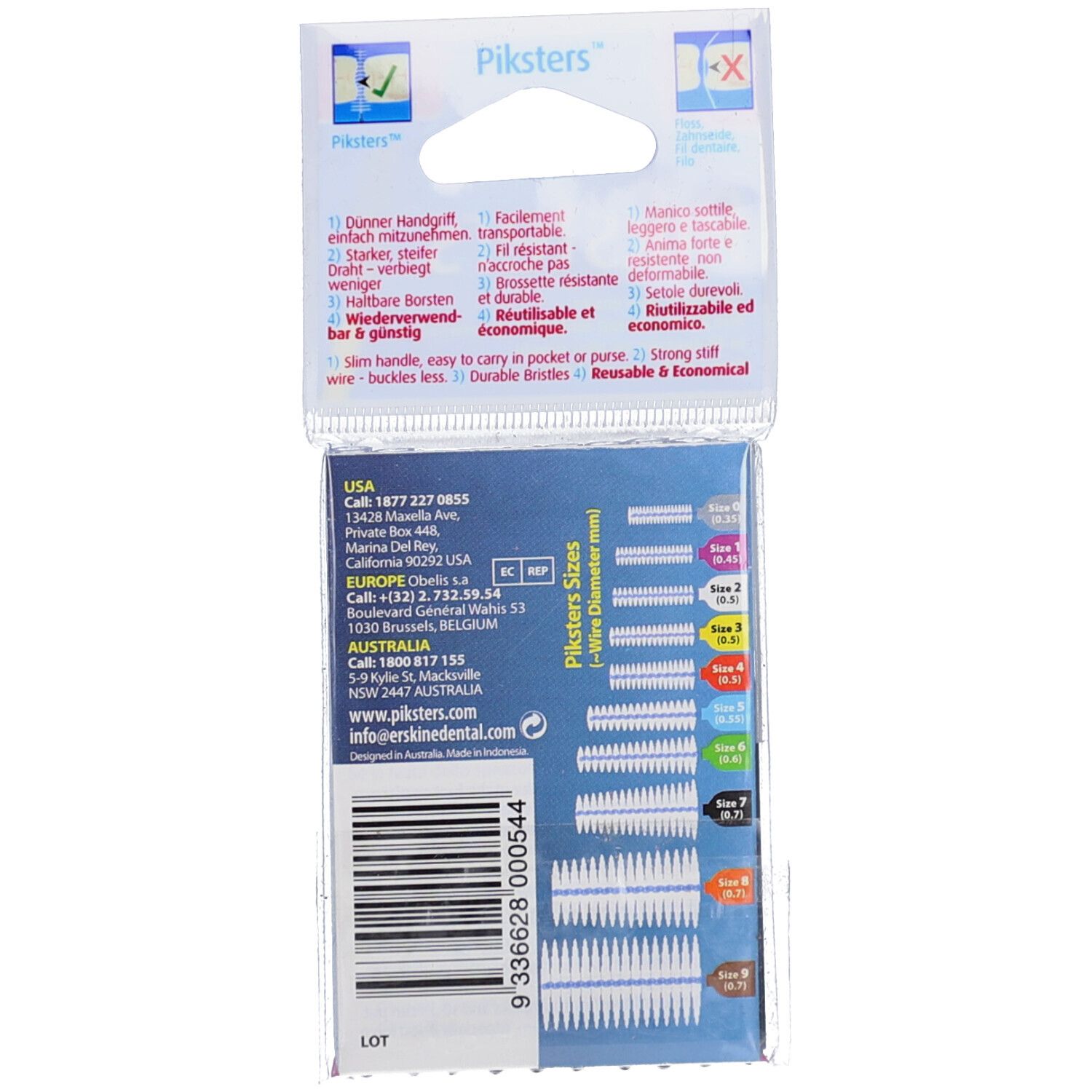 Dos de l'emballage avec informations sur les brossettes interdentaires. Tableau des tailles et coordonnées.