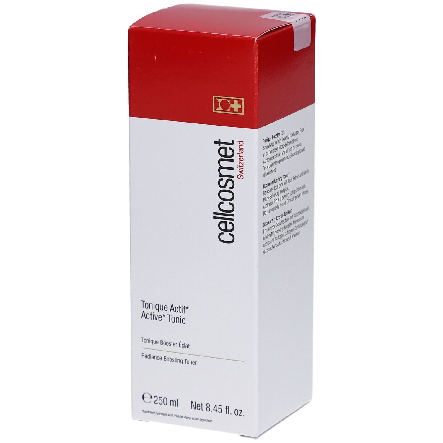 Boîte blanche et rouge. Logo Cellcosmet. Nom du produit : Tonique Actif Active Tonic. Texte : 250 ml, Net 8.45 fl. oz.