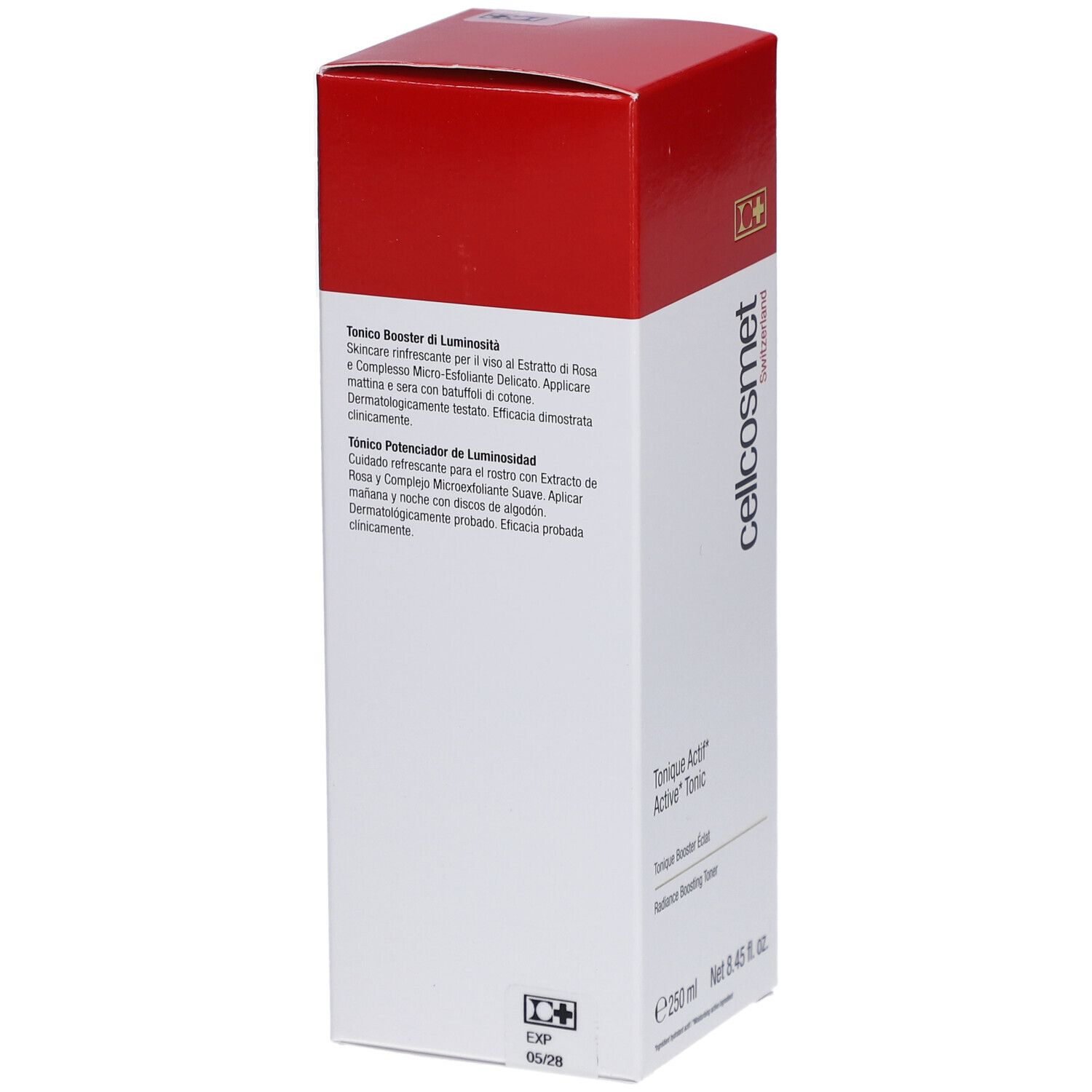 Emballage avec texte. Logo Cellcosmet. Nom du produit : Tonique Actif Active Tonic. Texte : 250 ml, Net 8.45 fl. oz.