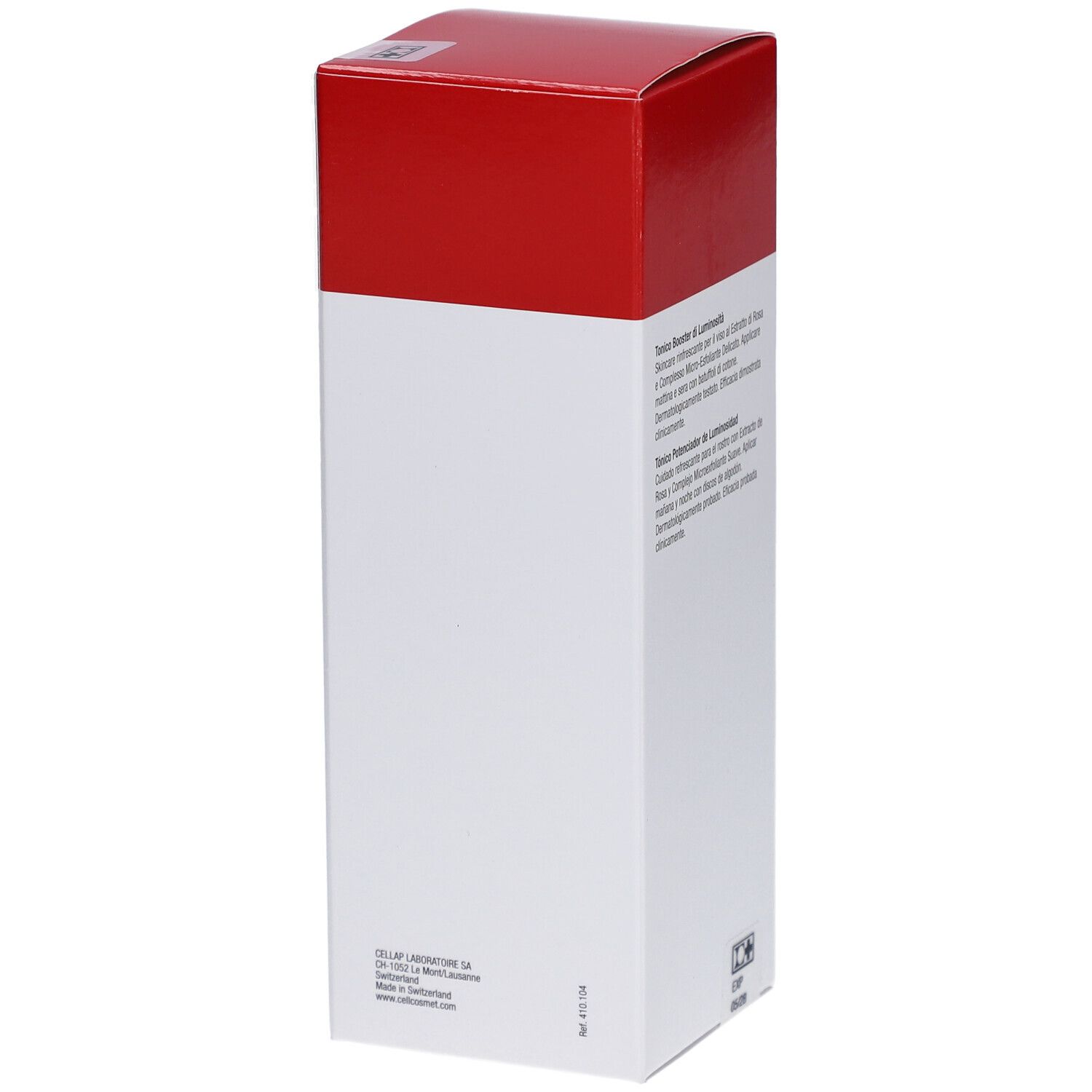 Emballage blanc et rouge. Texte sur l'emballage. Logo Cellcosmet. Nom du produit : Tonique Actif Active Tonic.