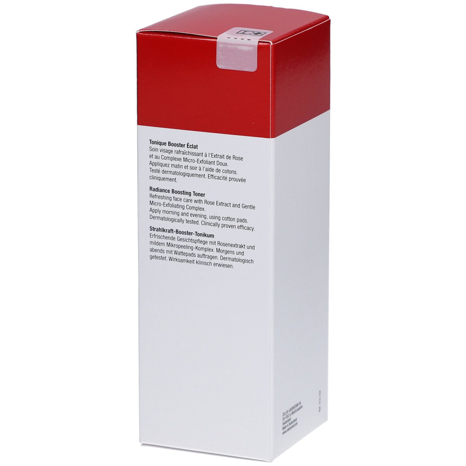 Emballage blanc et rouge. Texte sur l'emballage. Logo Cellcosmet. Nom du produit : Tonique Actif Active Tonic.