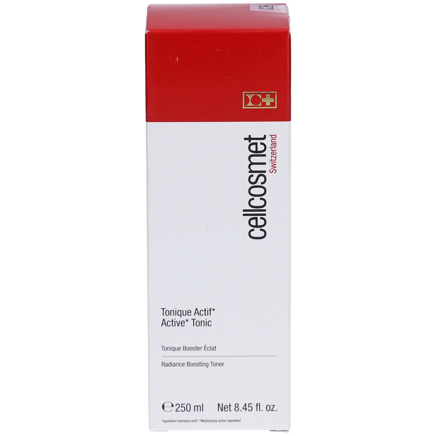 Boîte blanche et rouge. Logo Cellcosmet. Nom du produit : Tonique Actif Active Tonic. Texte : 250 ml, Net 8.45 fl. oz.