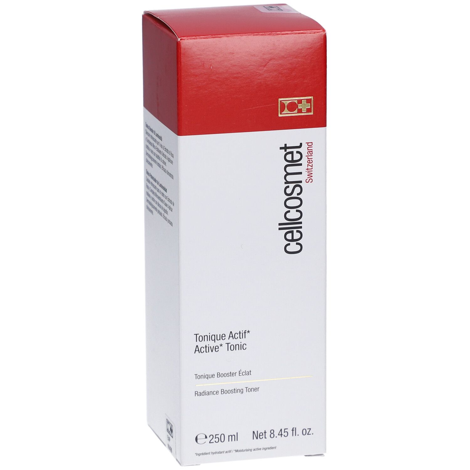 Boîte blanche et rouge. Logo Cellcosmet. Nom du produit : Tonique Actif Active Tonic. Texte : 250 ml, Net 8.45 fl. oz.